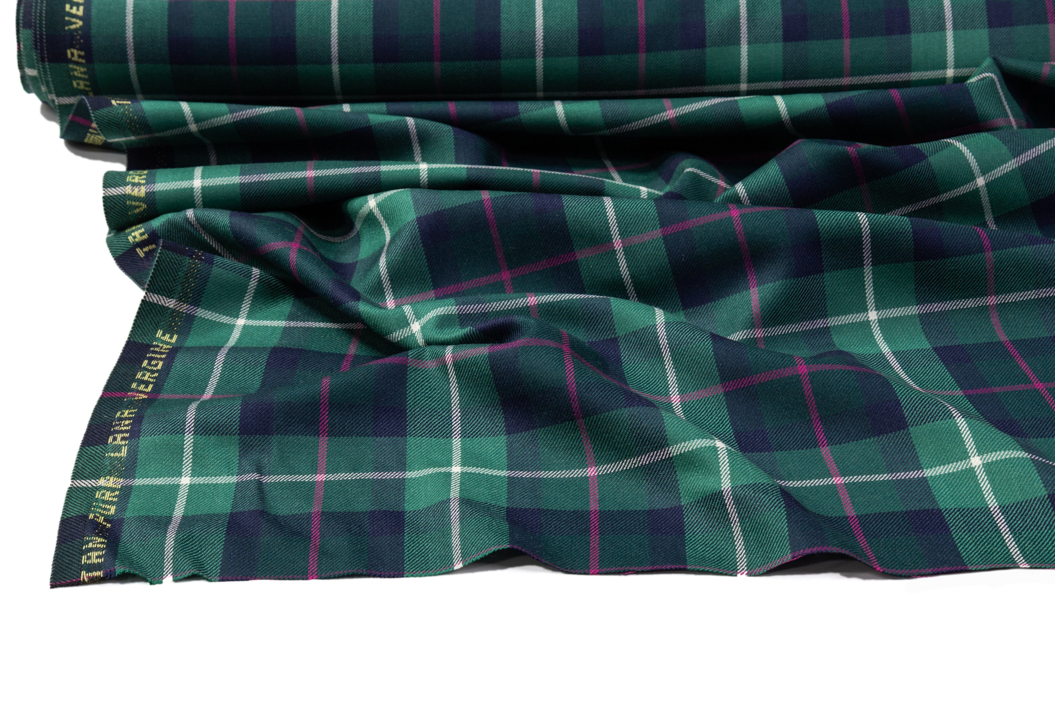 Tartan Italian Wool Suiting - Green / Fucshia / Navy