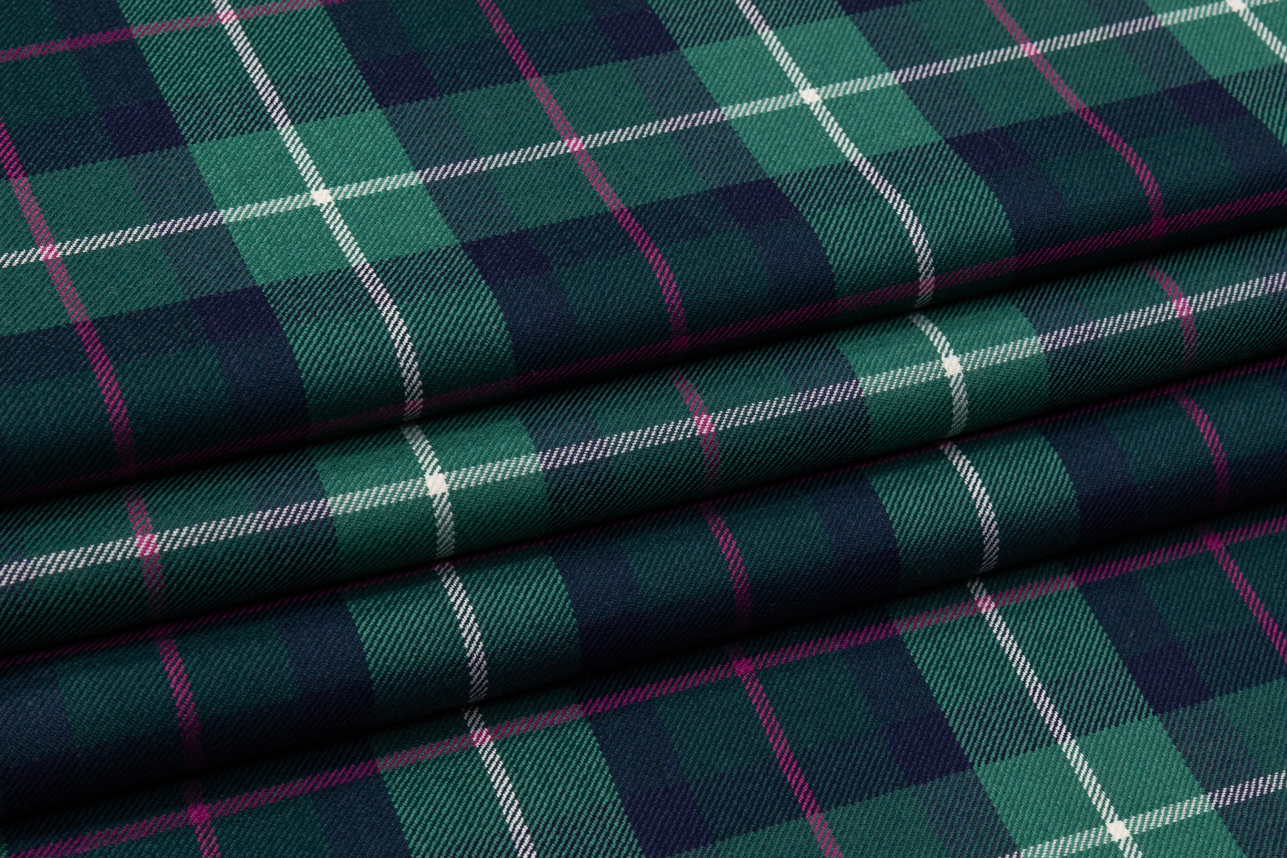 Tartan Italian Wool Suiting - Green / Fucshia / Navy