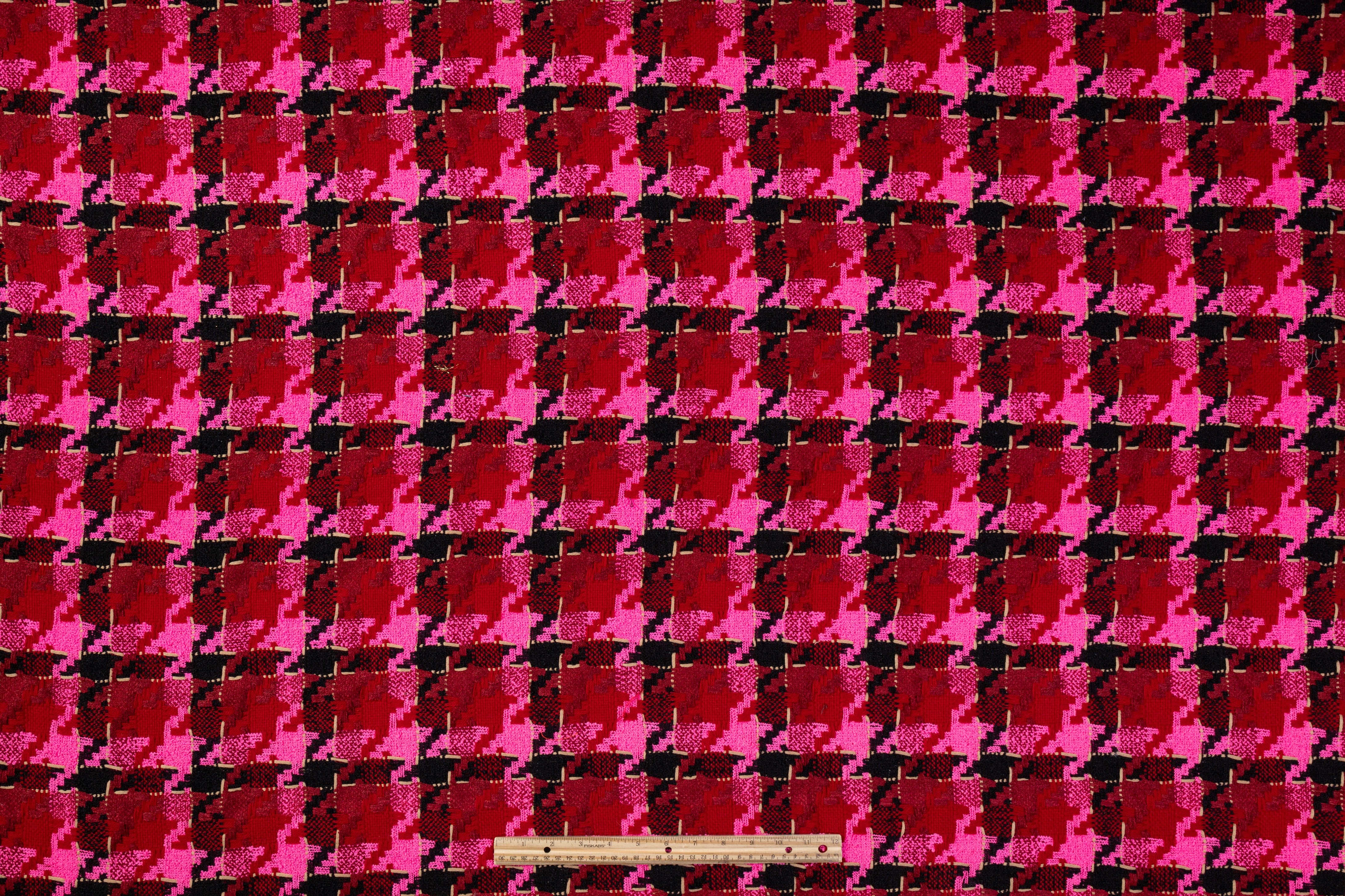 Houndstooth Italian Wool Blend Tweed - Magenta / Burgundy / Black