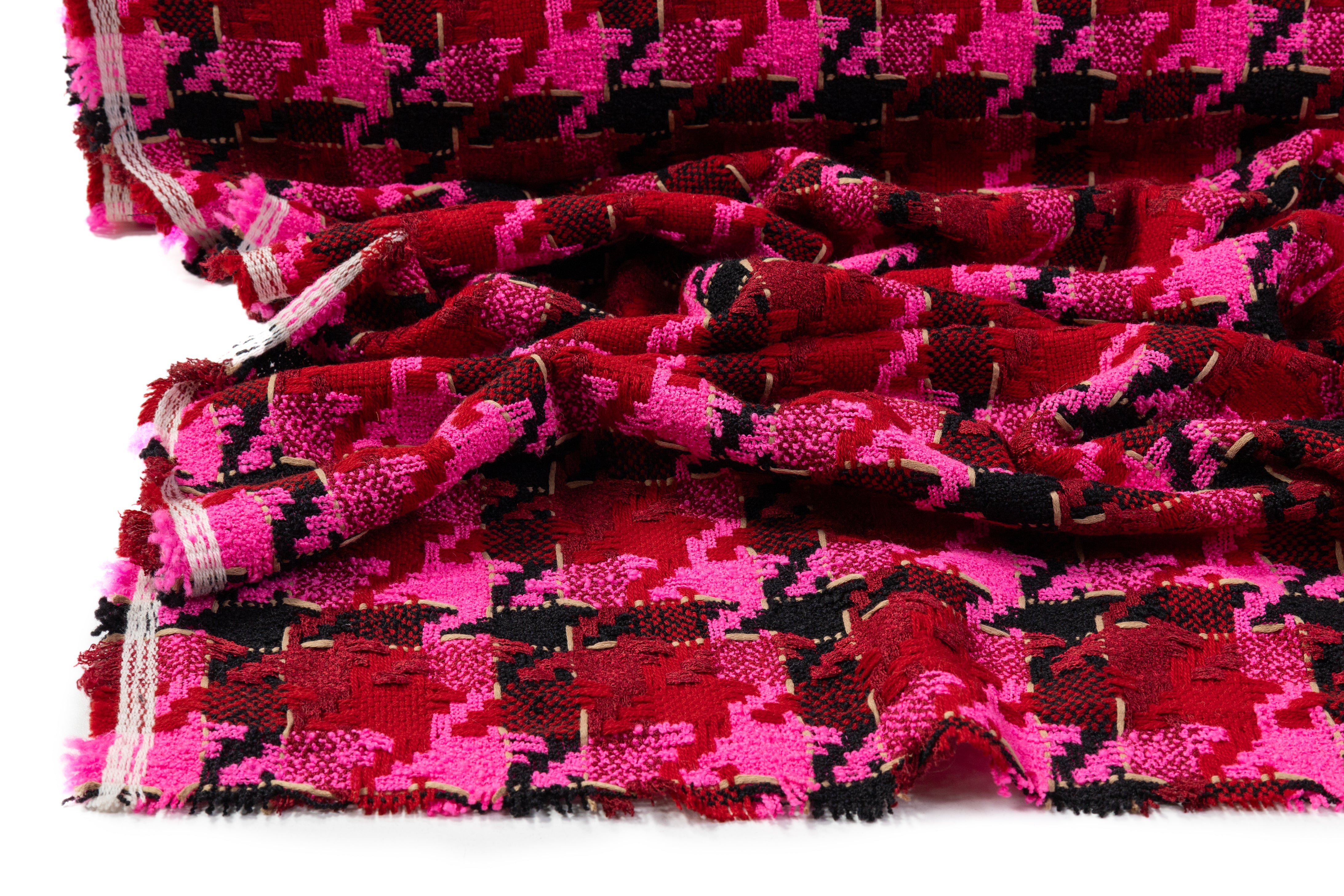 Houndstooth Italian Wool Blend Tweed - Magenta / Burgundy / Black