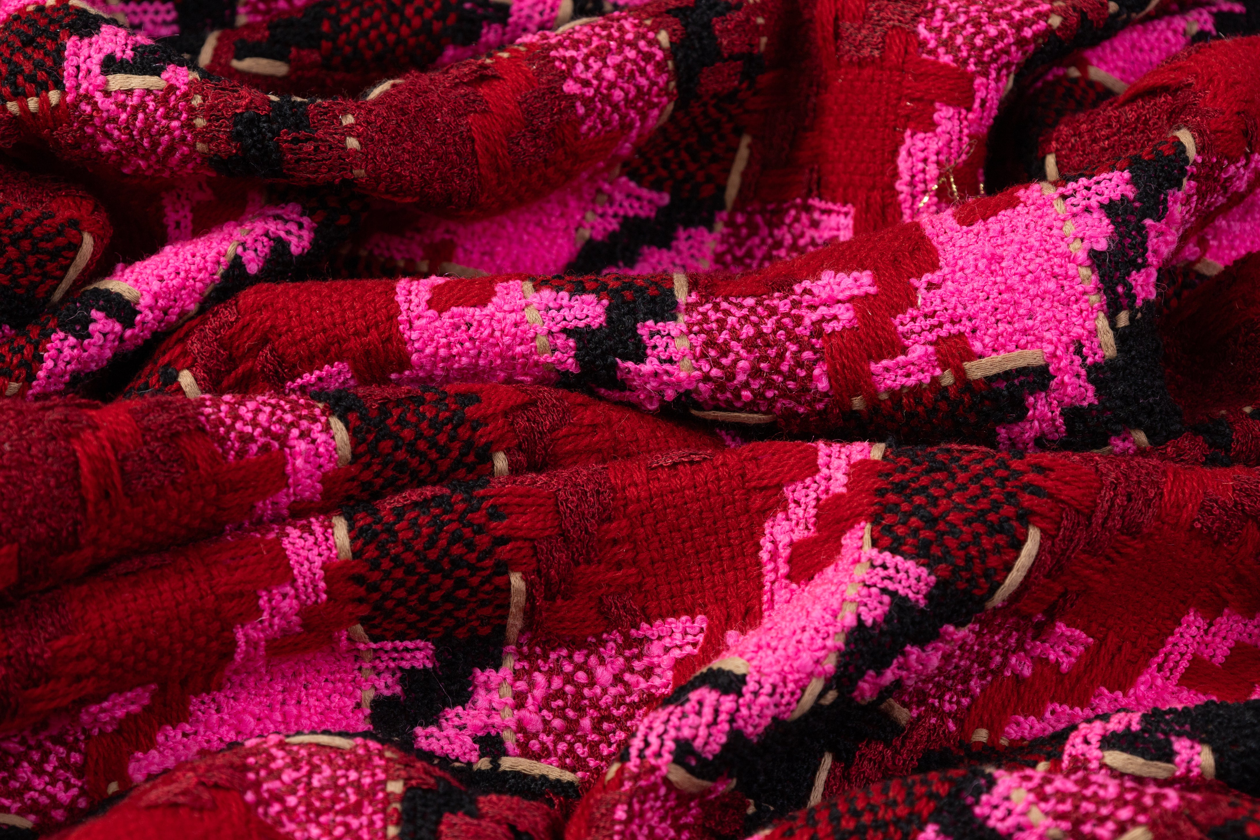 Houndstooth Italian Wool Blend Tweed - Magenta / Burgundy / Black