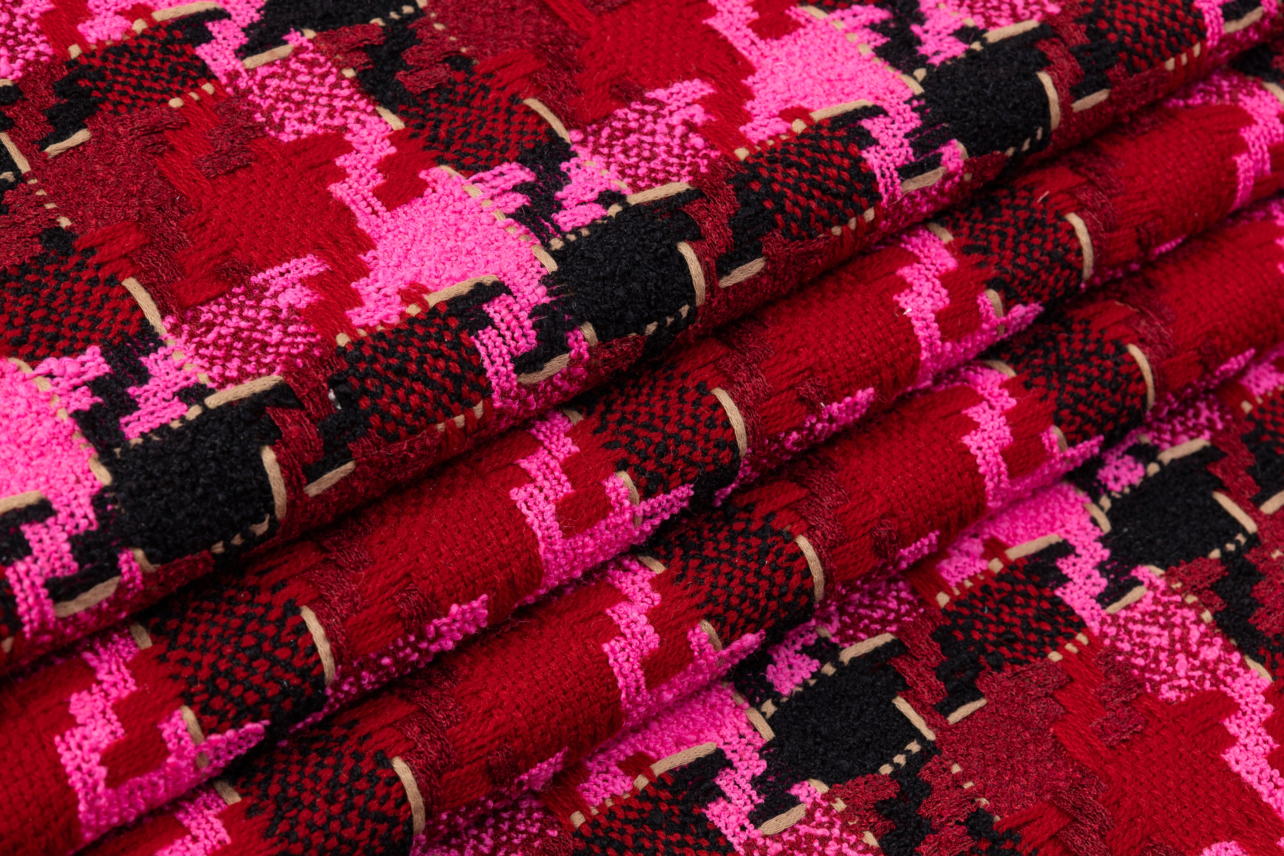 Houndstooth Italian Wool Blend Tweed - Magenta / Burgundy / Black