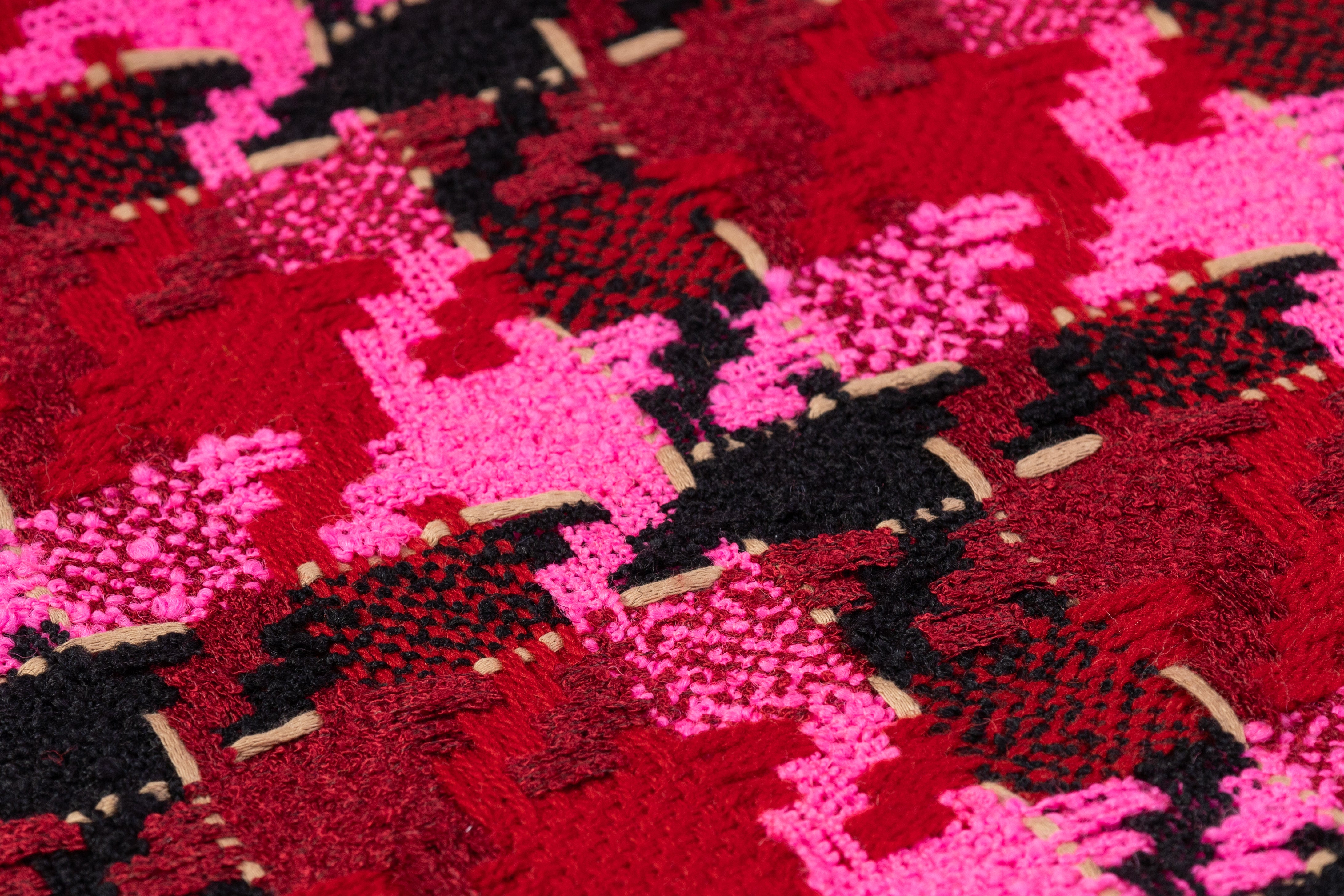 Houndstooth Italian Wool Blend Tweed - Magenta / Burgundy / Black