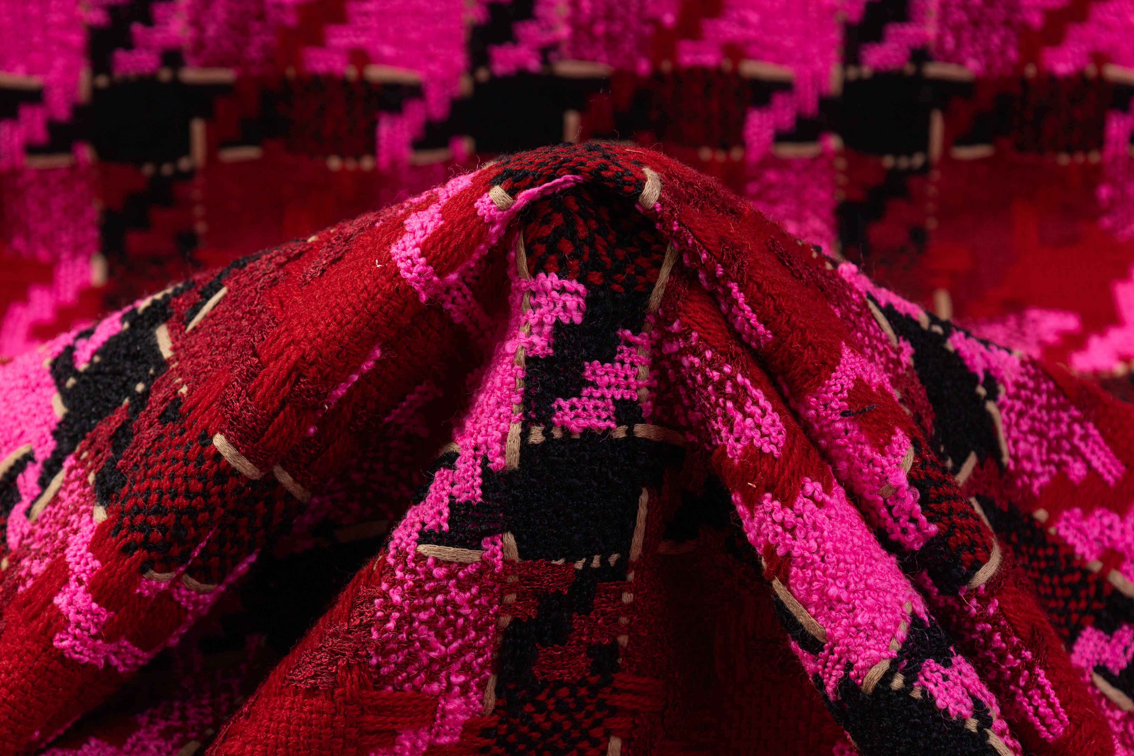 Houndstooth Italian Wool Blend Tweed - Magenta / Burgundy / Black
