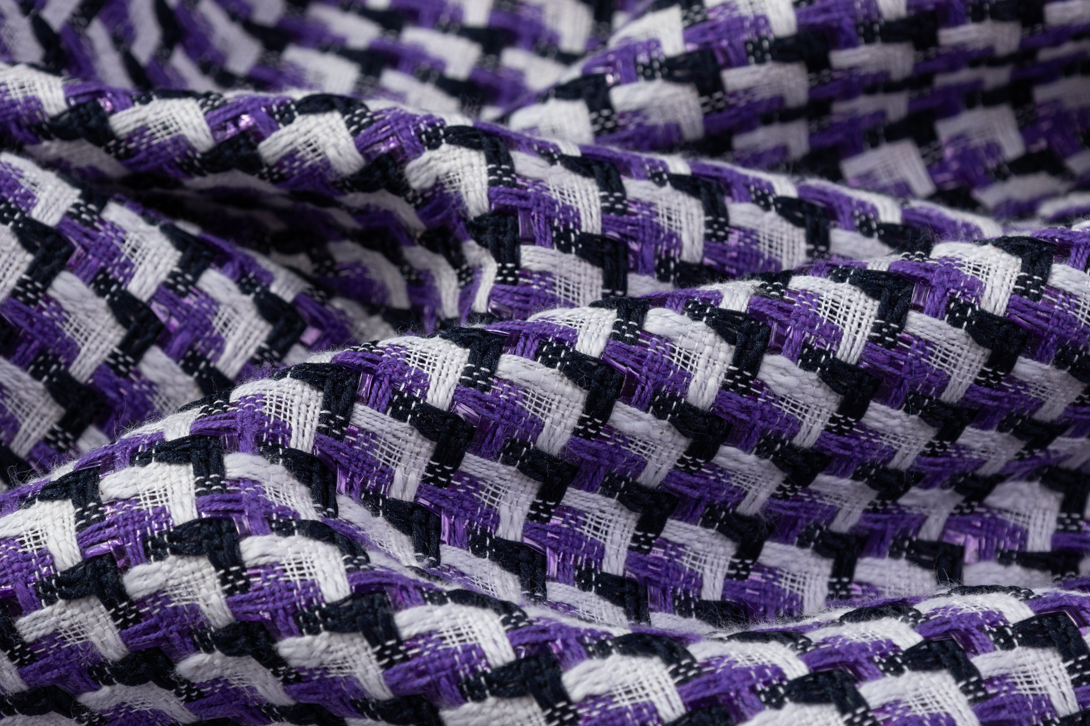 Italian Cotton Blend Tweed - Purple / Navy / White