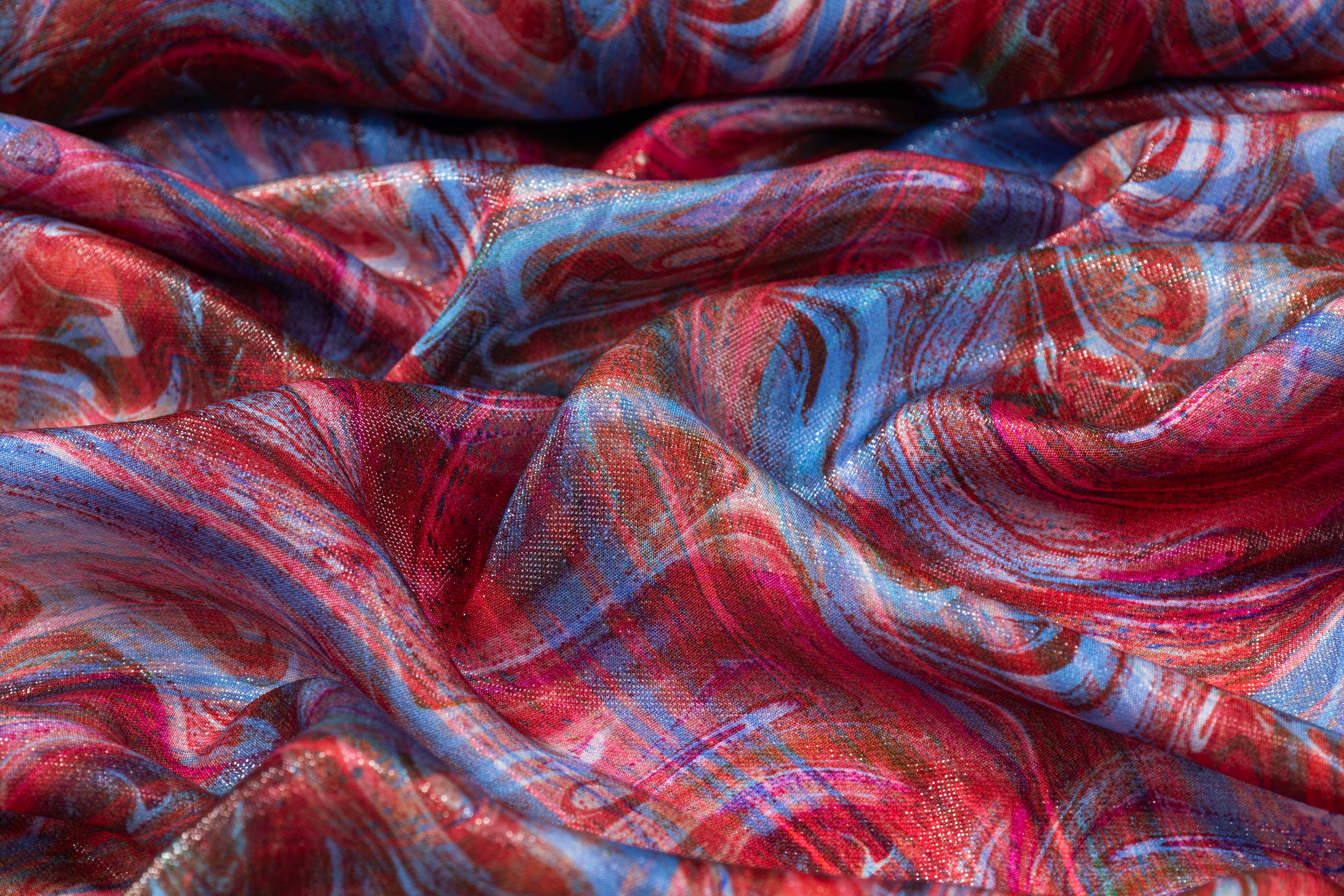 Abstract Italian Silk Chiffon Lamé - Blue / Red