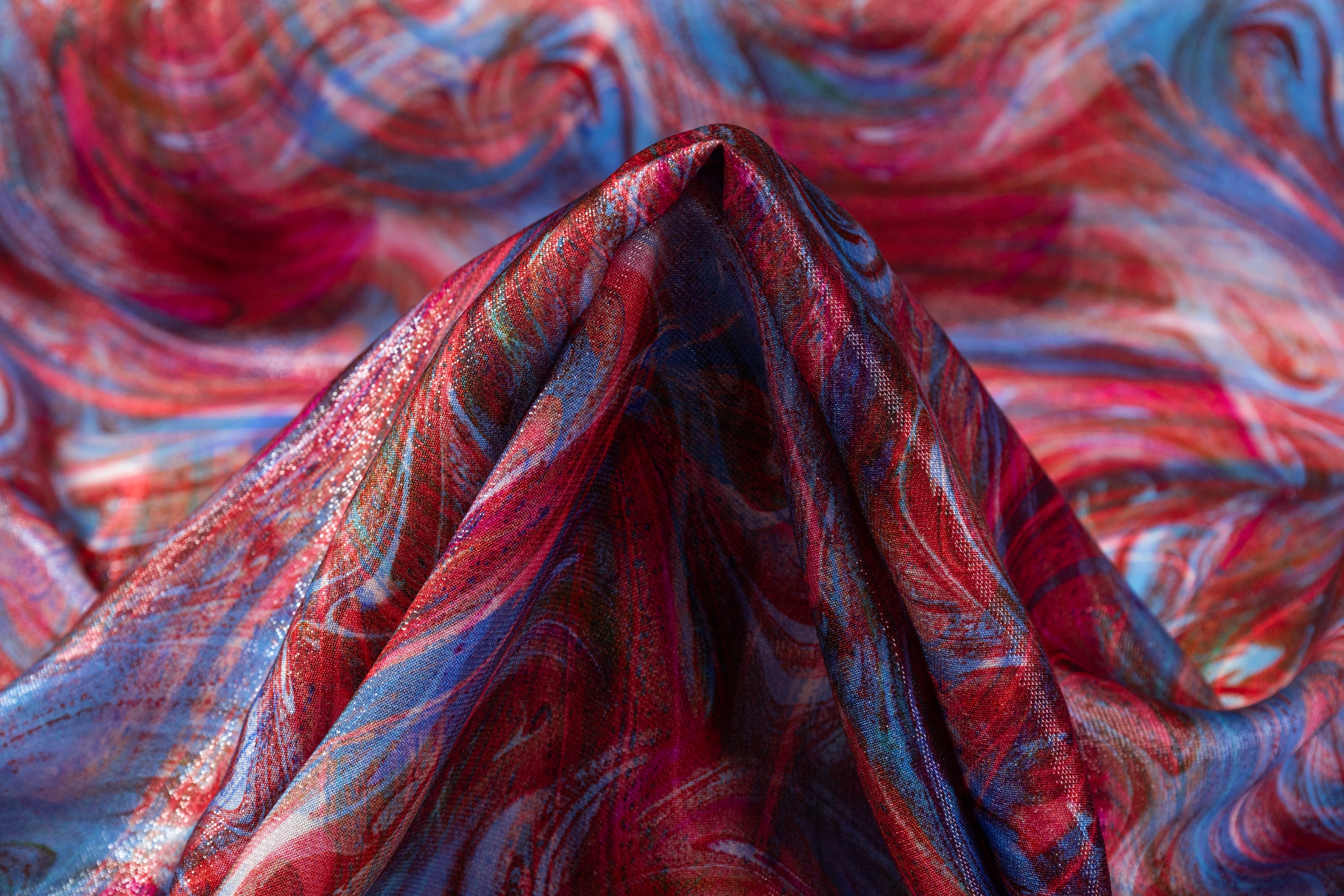 Abstract Italian Silk Chiffon Lamé - Blue / Red