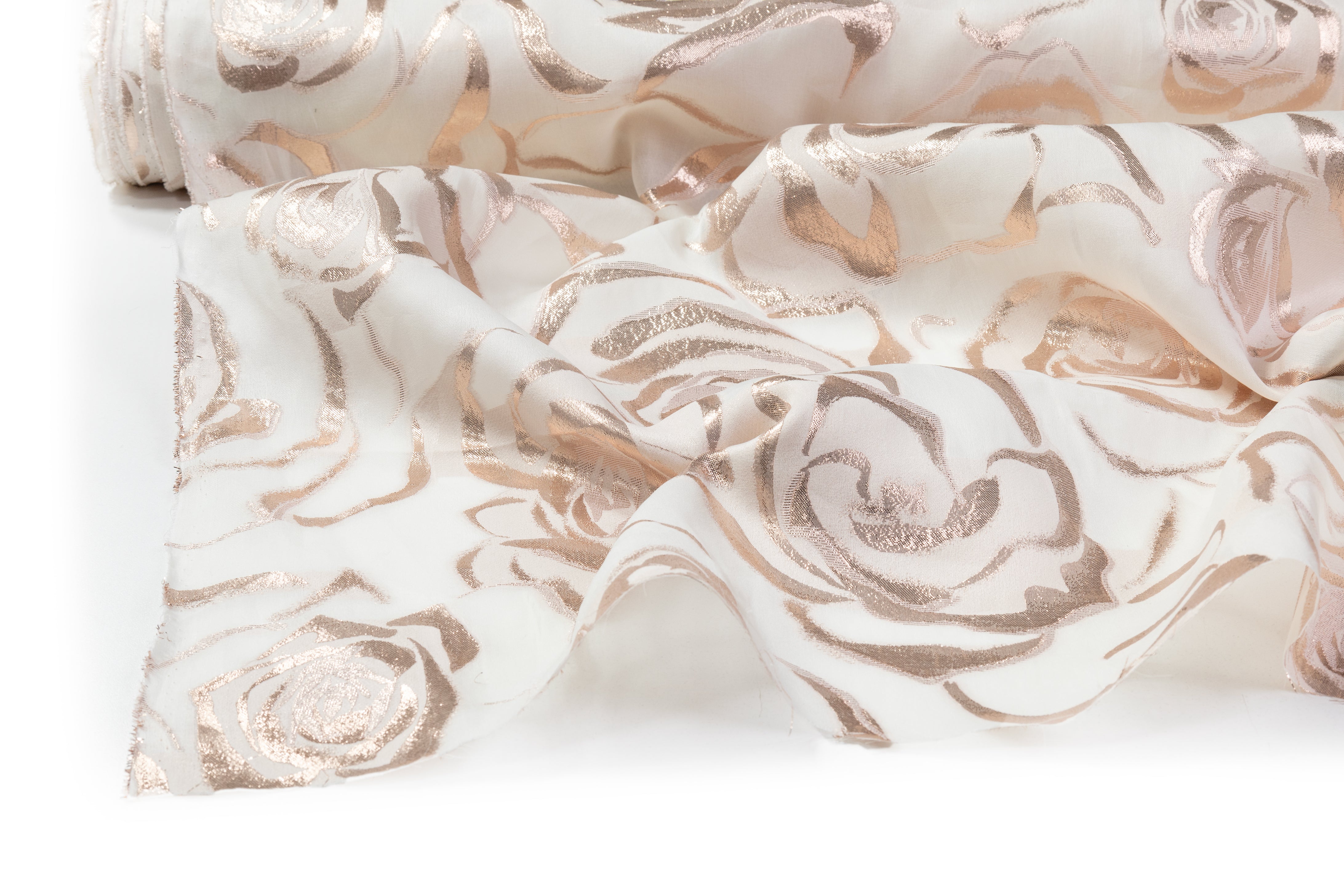 Floral Italian Metallic Silk Organza Fil Coupé - Rose Gold / Off White