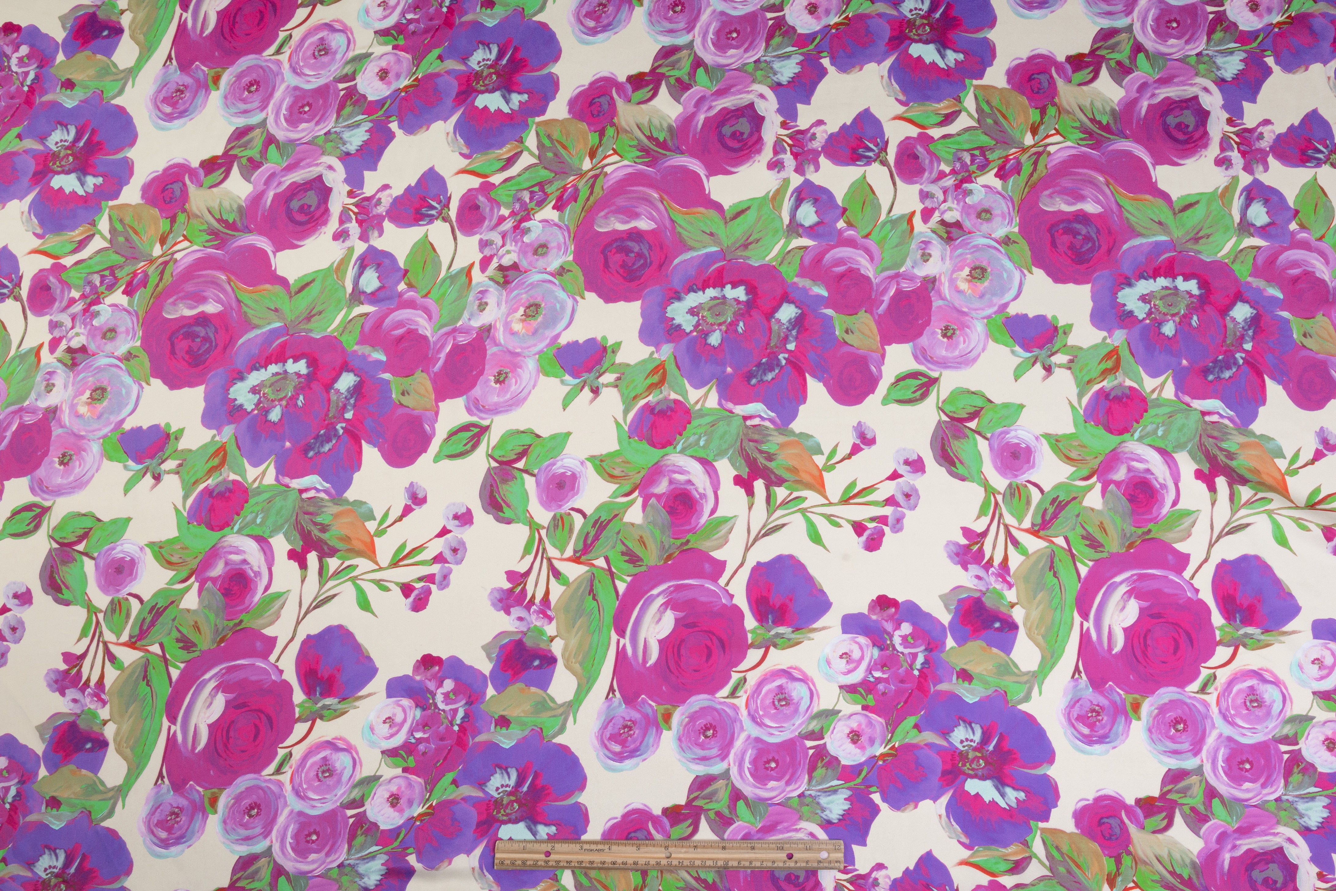Rose Floral Italian Silk Charmeuse - Violet / Green / Fuchsia
