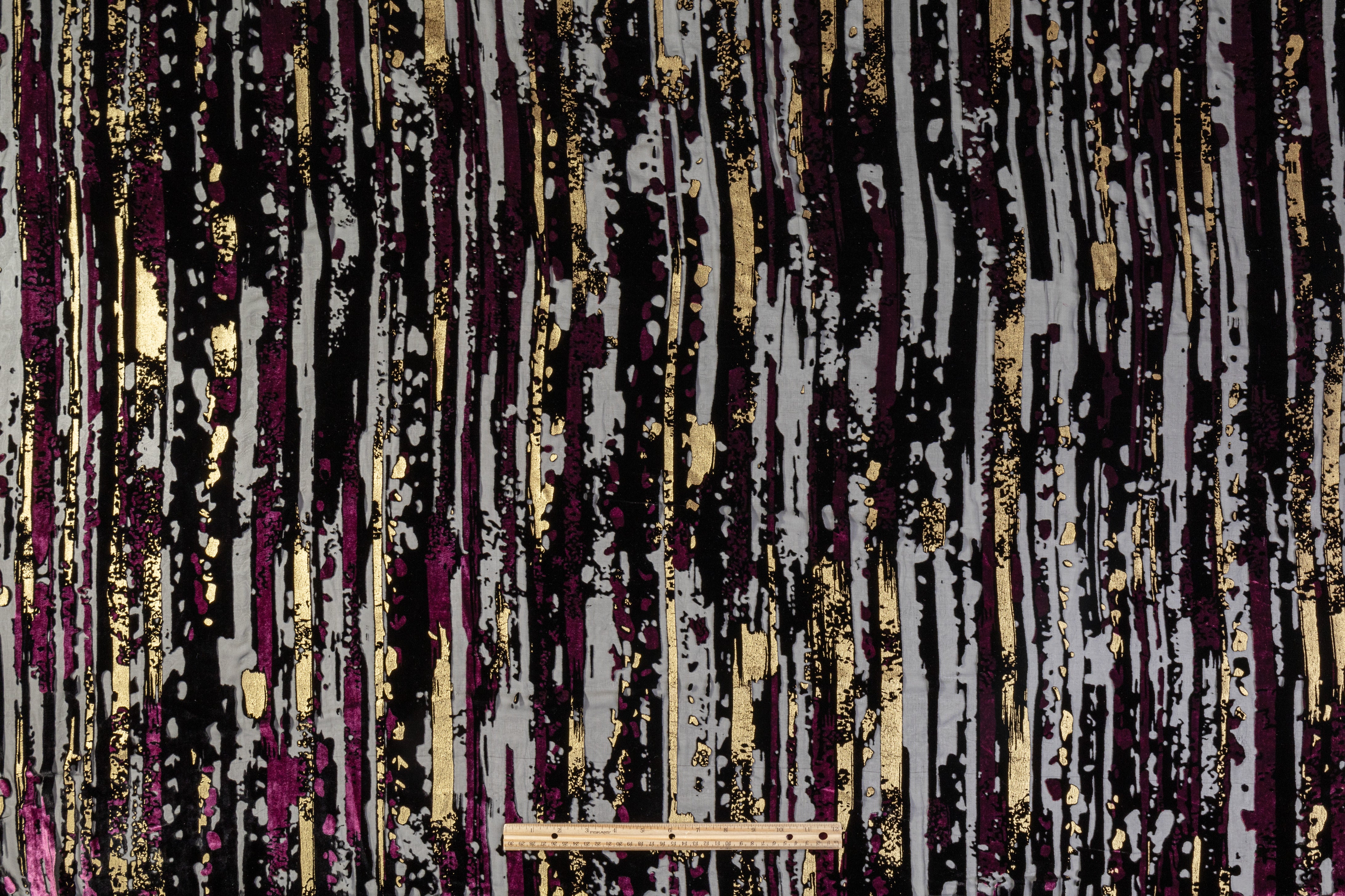 Streak Laminated Italian Silk Viscose Velvet Devoré - Black / Purple / Gold
