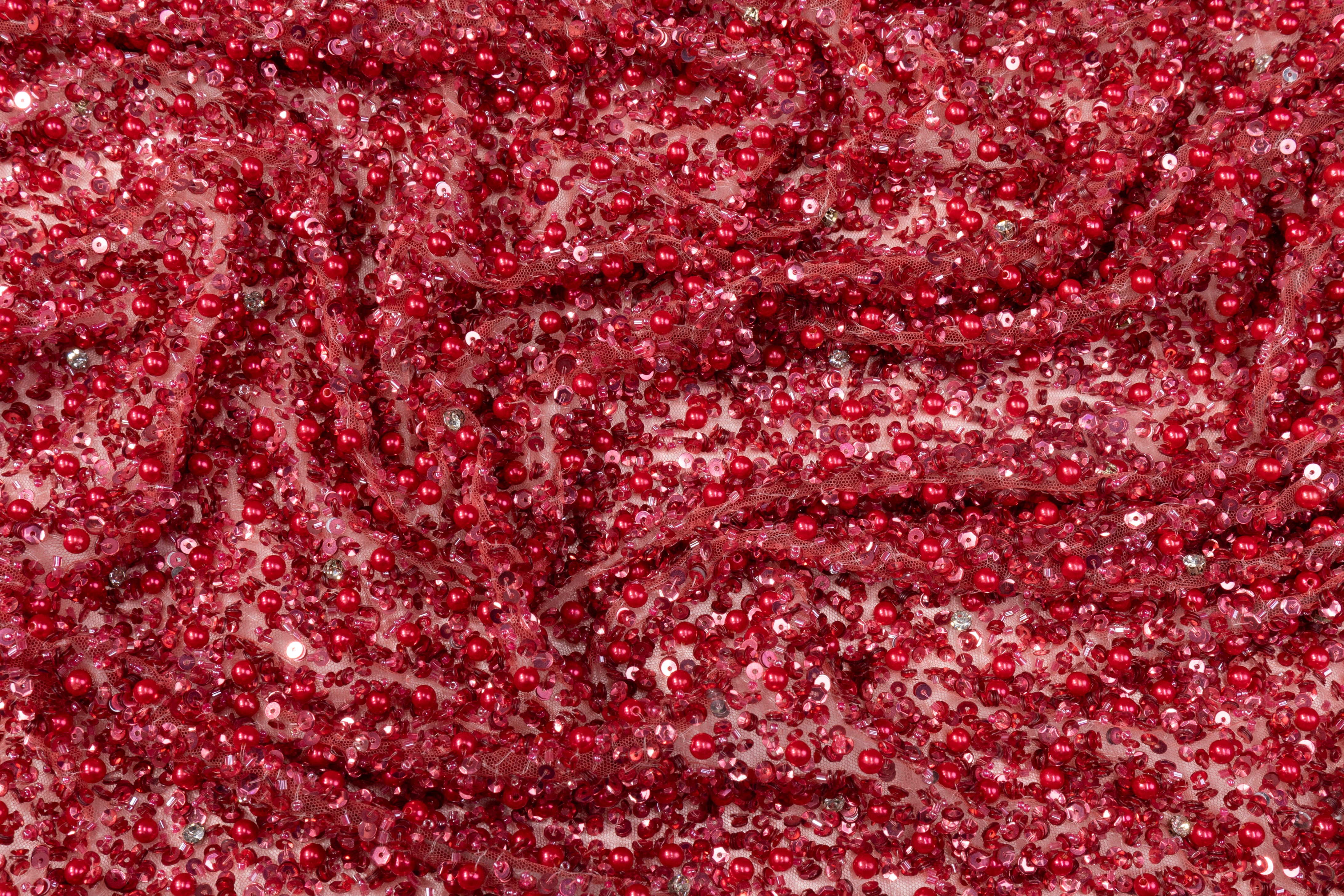 Ombré Hand Beaded Tulle - Red