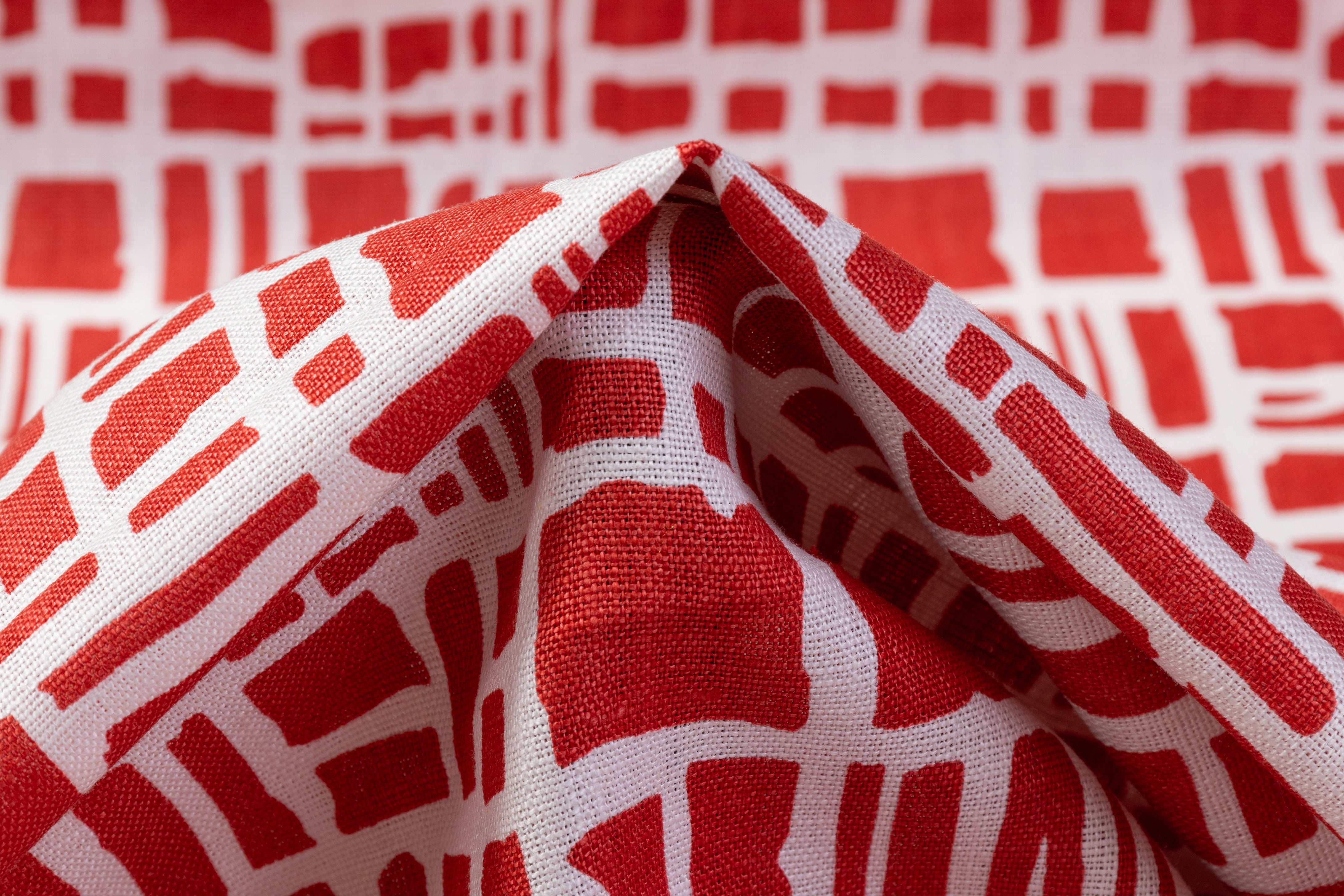 Abstract Grid Printed Linen - Red / White