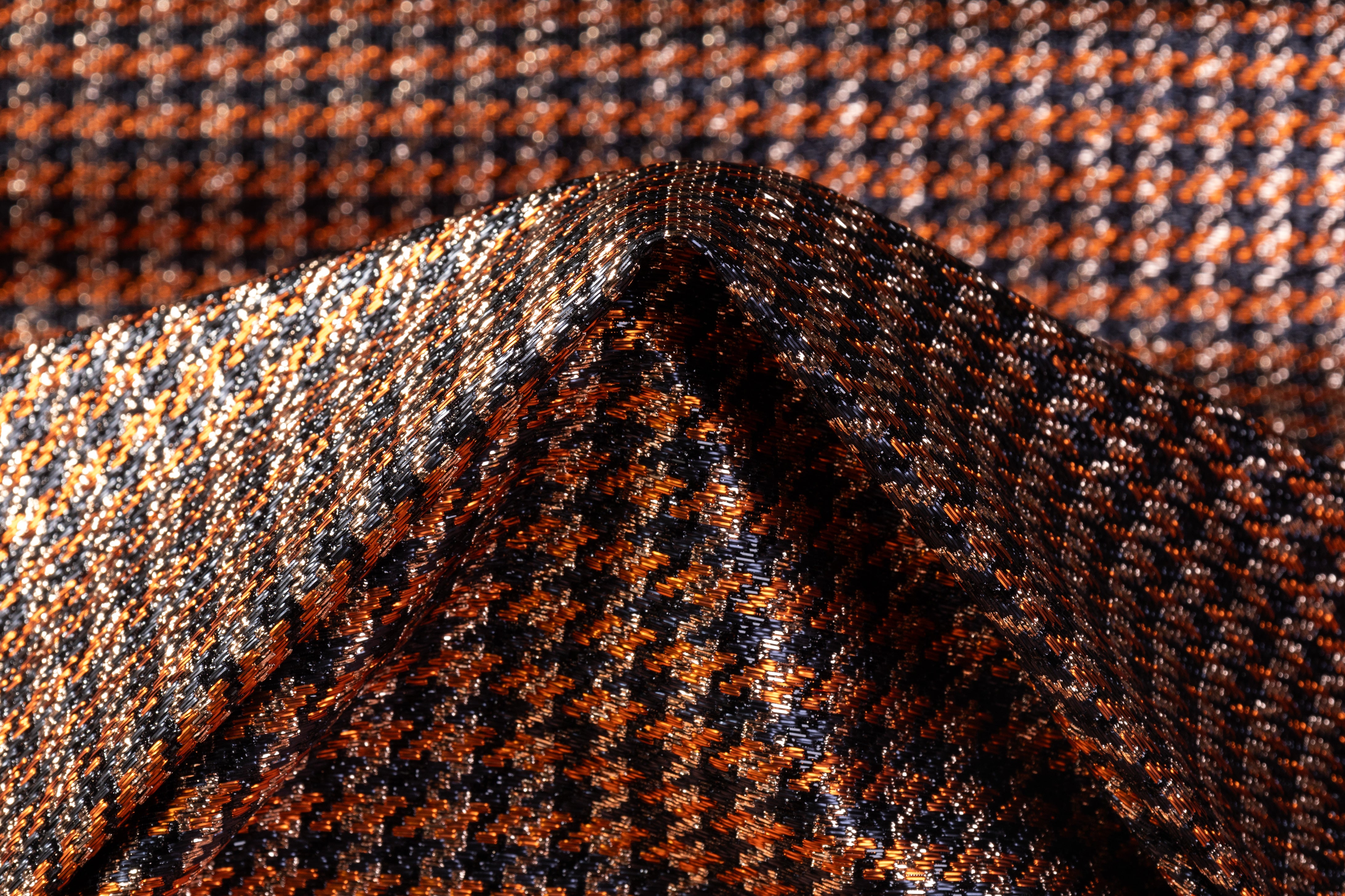 Metallic Italian Houndstooth Brocade - Copper / Black / Gold
