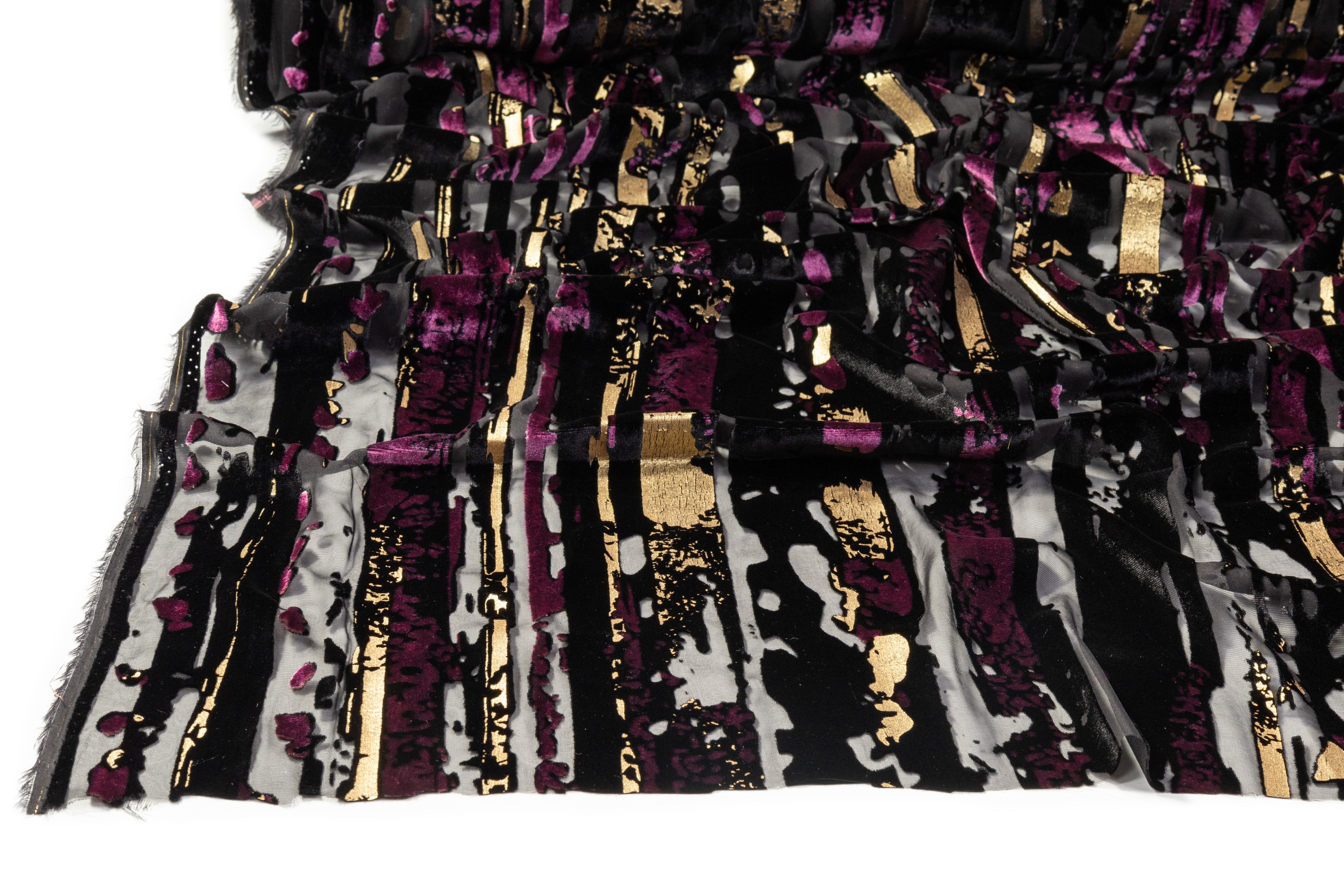 Streak Laminated Italian Silk Viscose Velvet Devoré - Black / Purple / Gold
