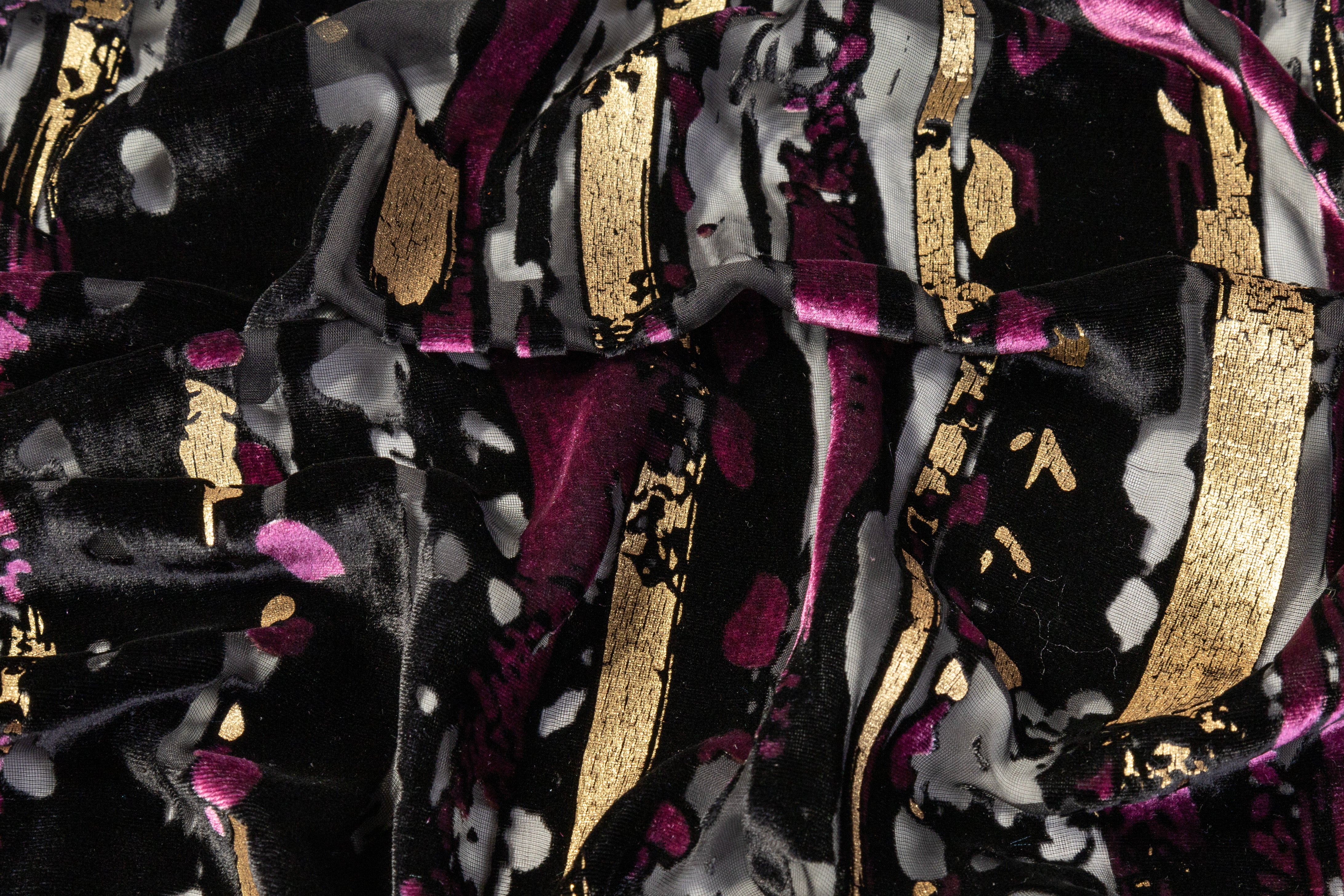 Streak Laminated Italian Silk Viscose Velvet Devoré - Black / Purple / Gold