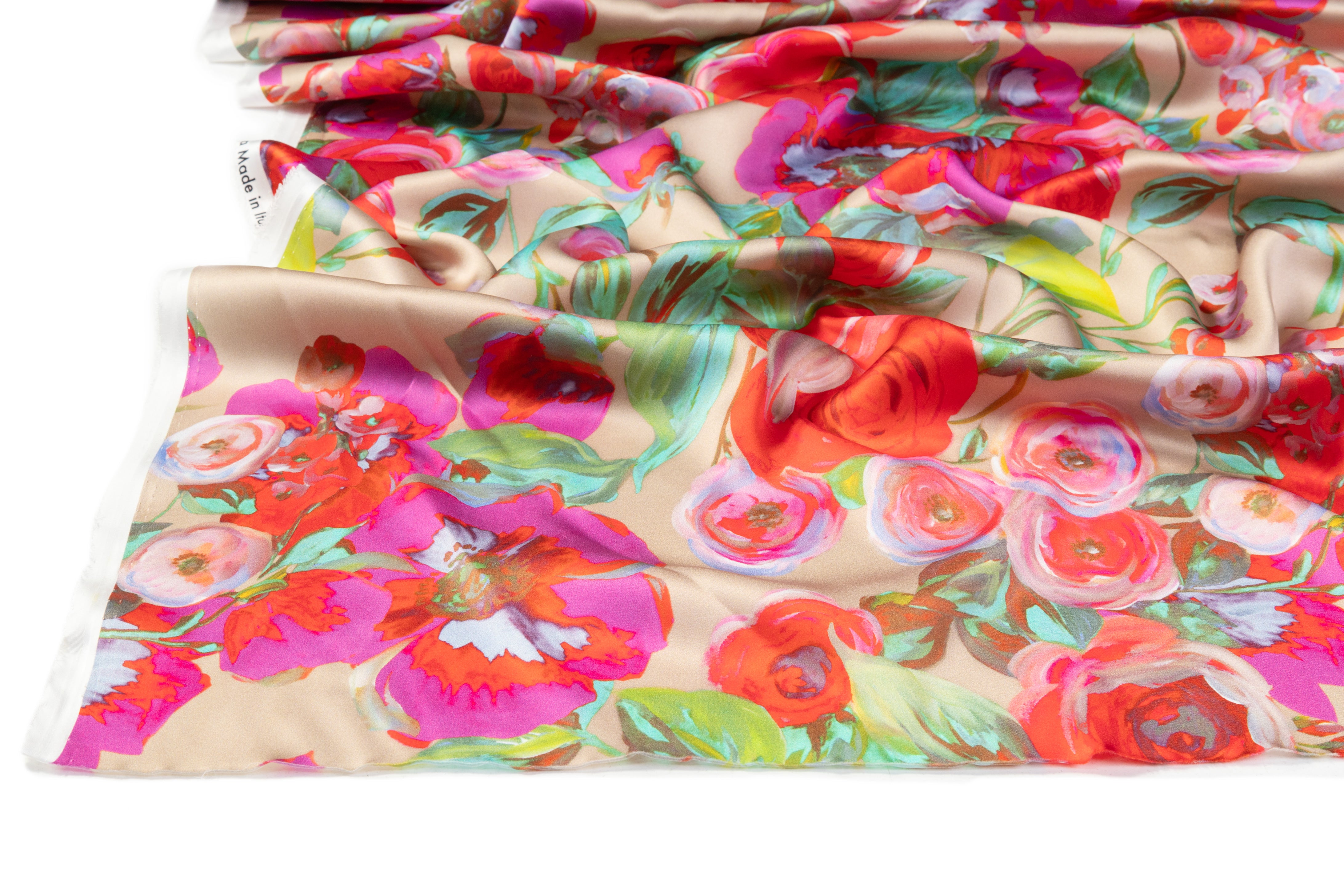 Rose Floral Italian Silk Charmeuse - Beige / Red / Fuchsia
