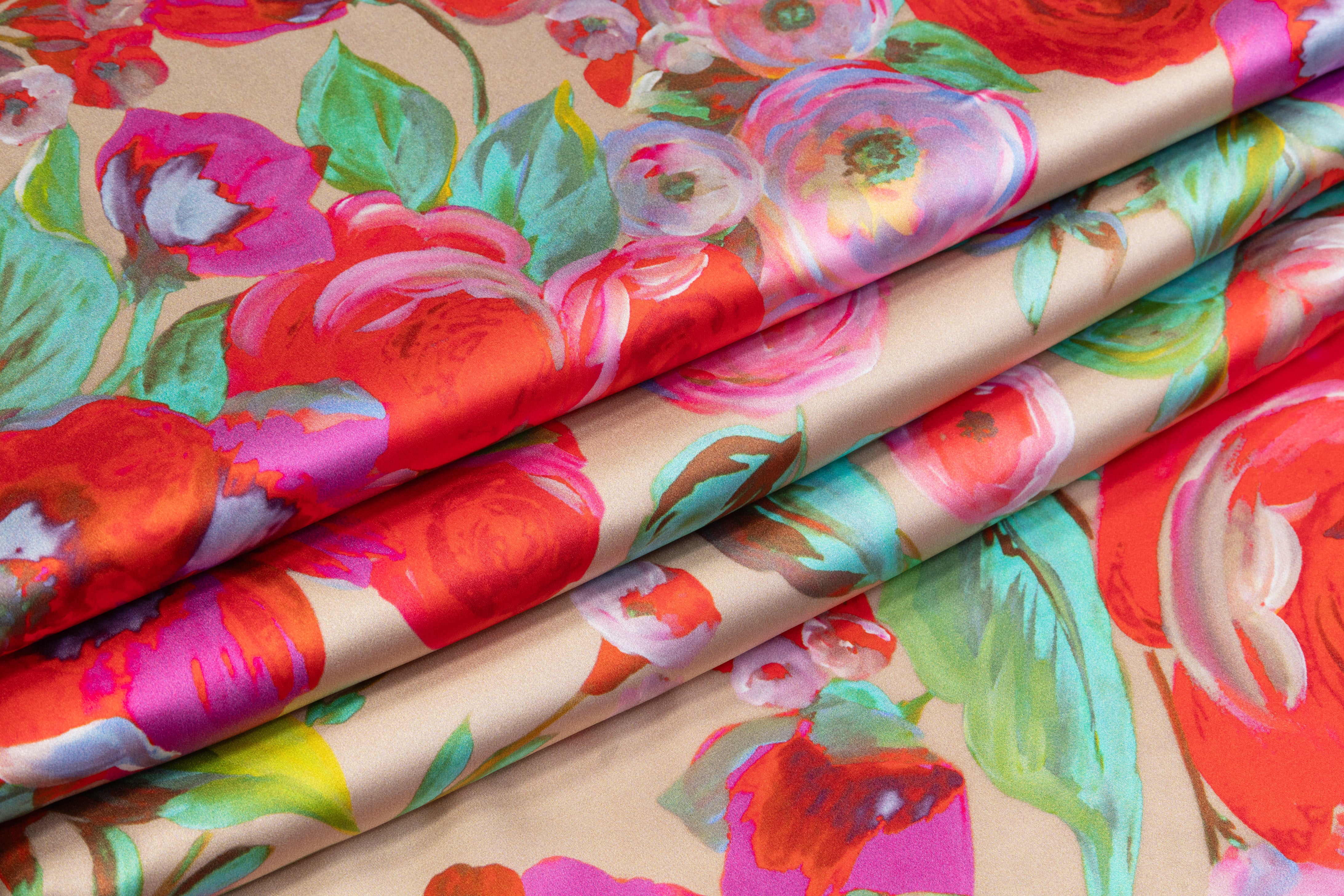 Rose Floral Italian Silk Charmeuse - Beige / Red / Fuchsia