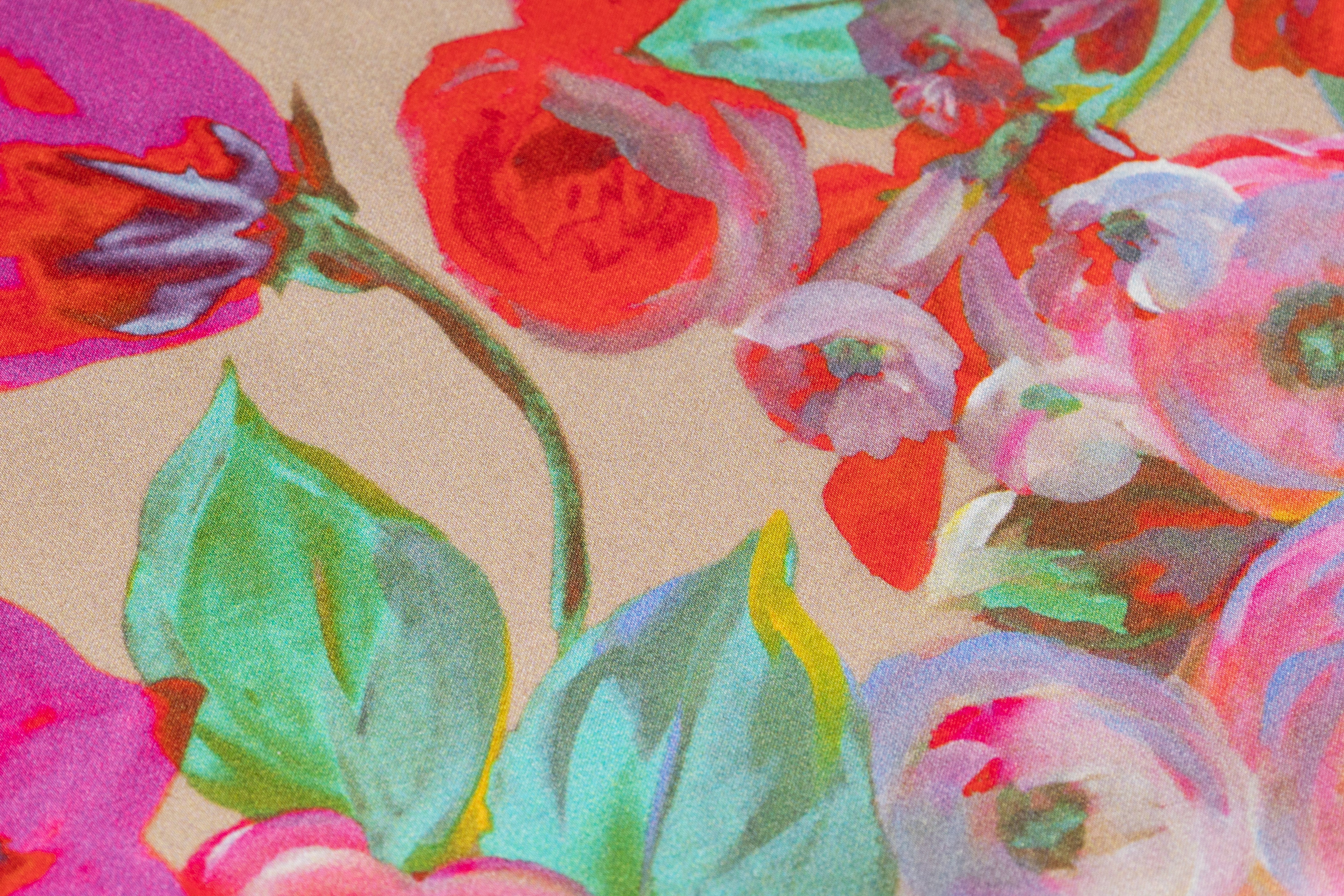 Rose Floral Italian Silk Charmeuse - Beige / Red / Fuchsia