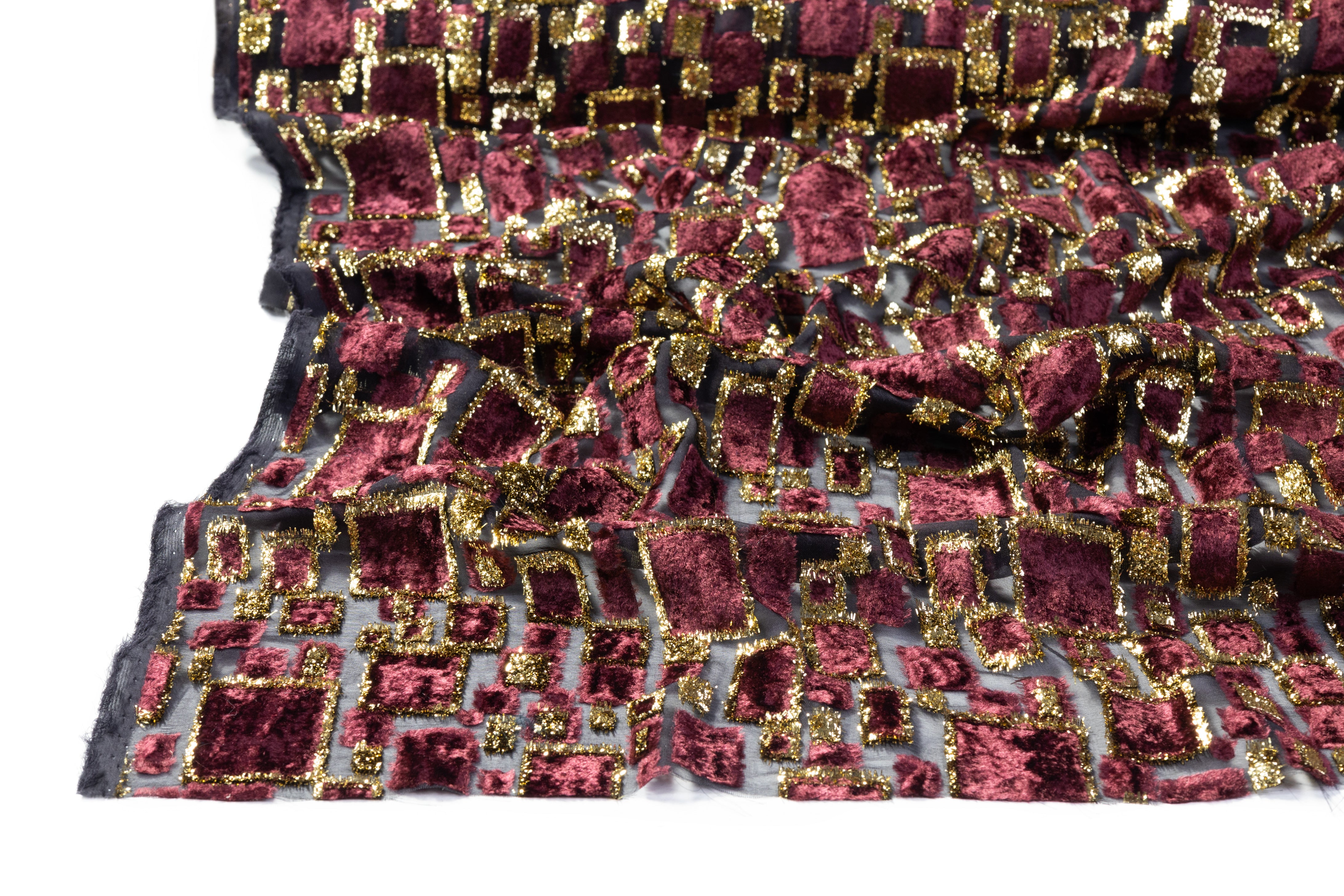 Metallic Italian Silk Viscose Fil Coupé - Black / Burgundy / Gold