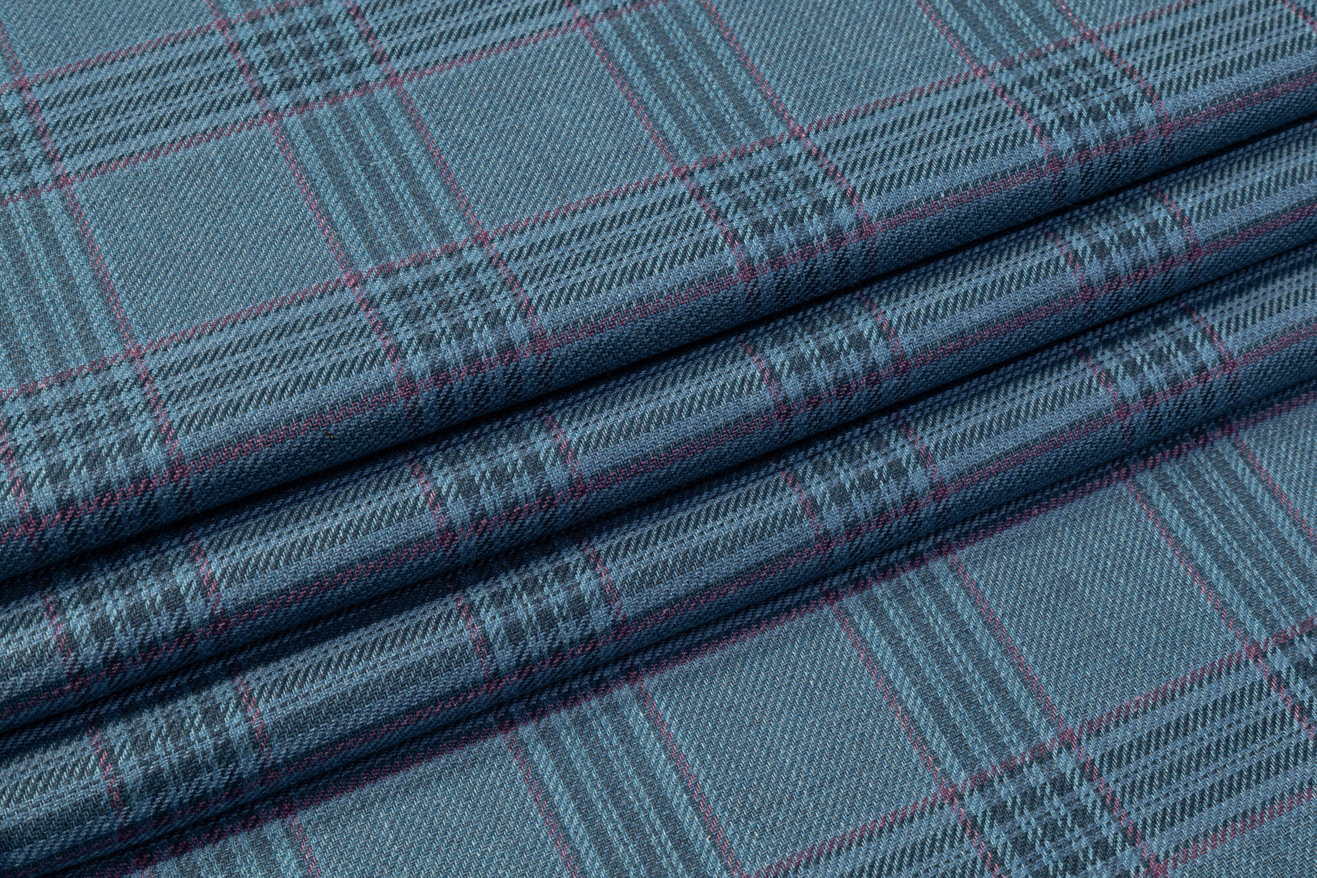 Plaid Italian Silk Linen and Wool Suiting - Blue / Plum