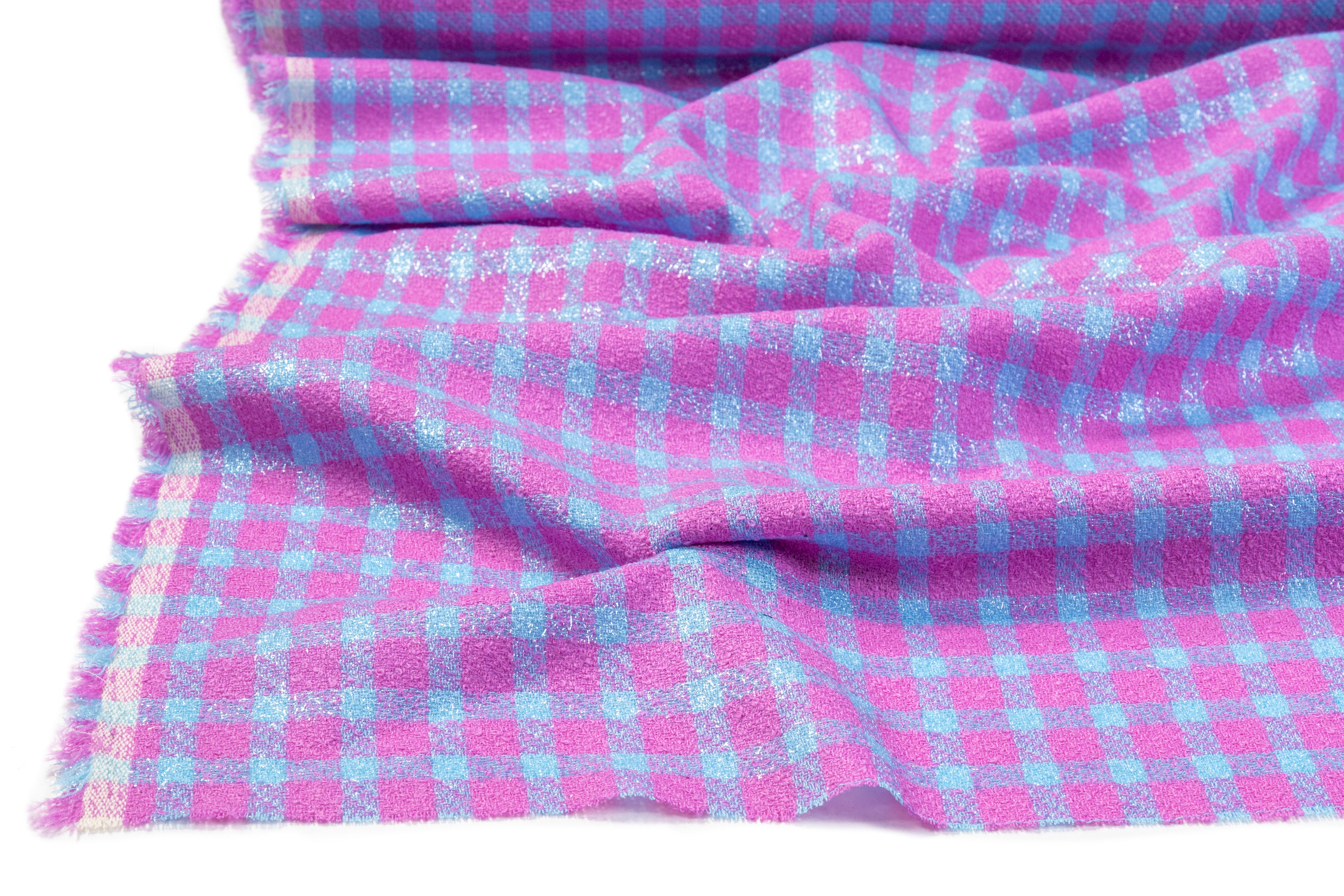Checked Metallic Italian Wool Blend Tweed - Magenta / Blue