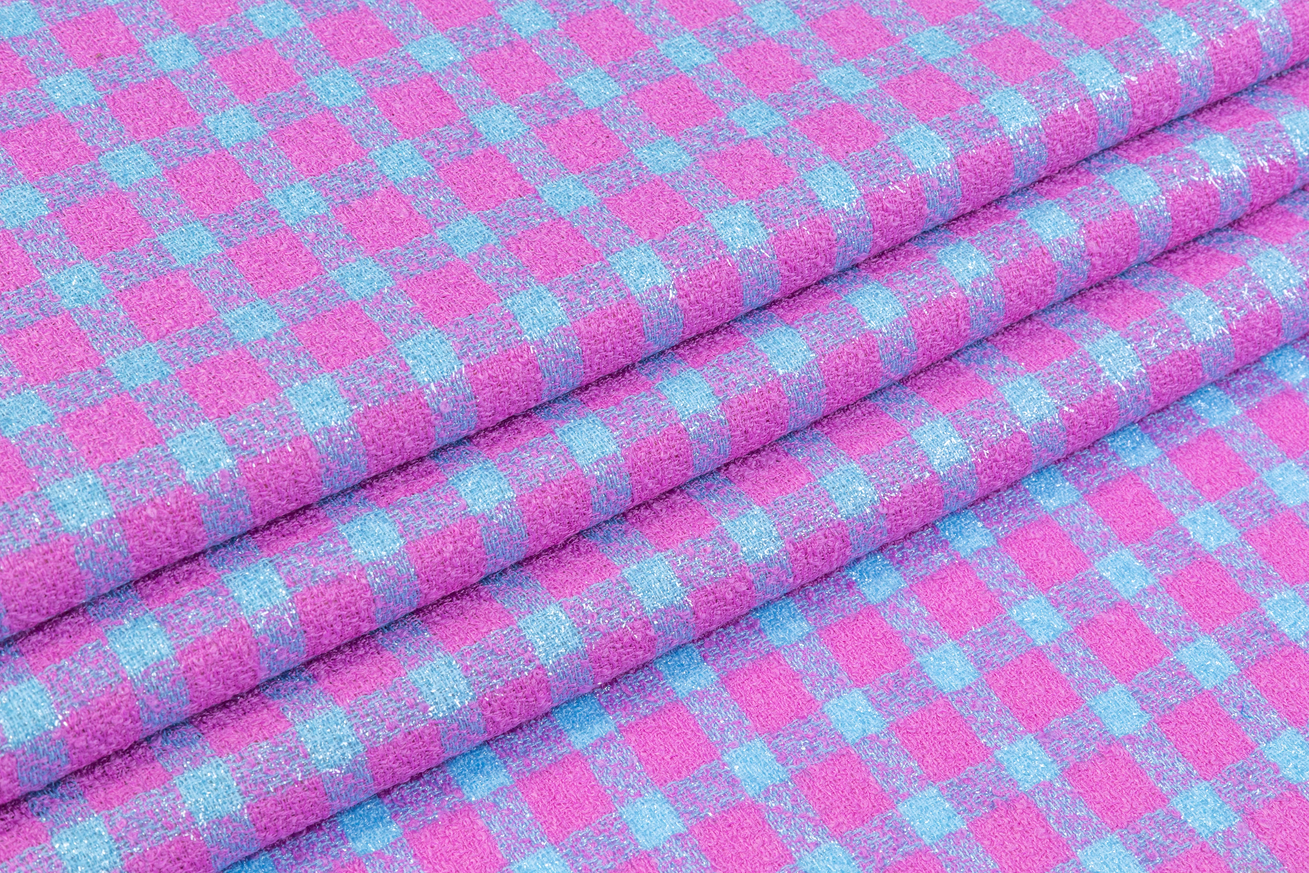 Checked Metallic Italian Wool Blend Tweed - Magenta / Blue