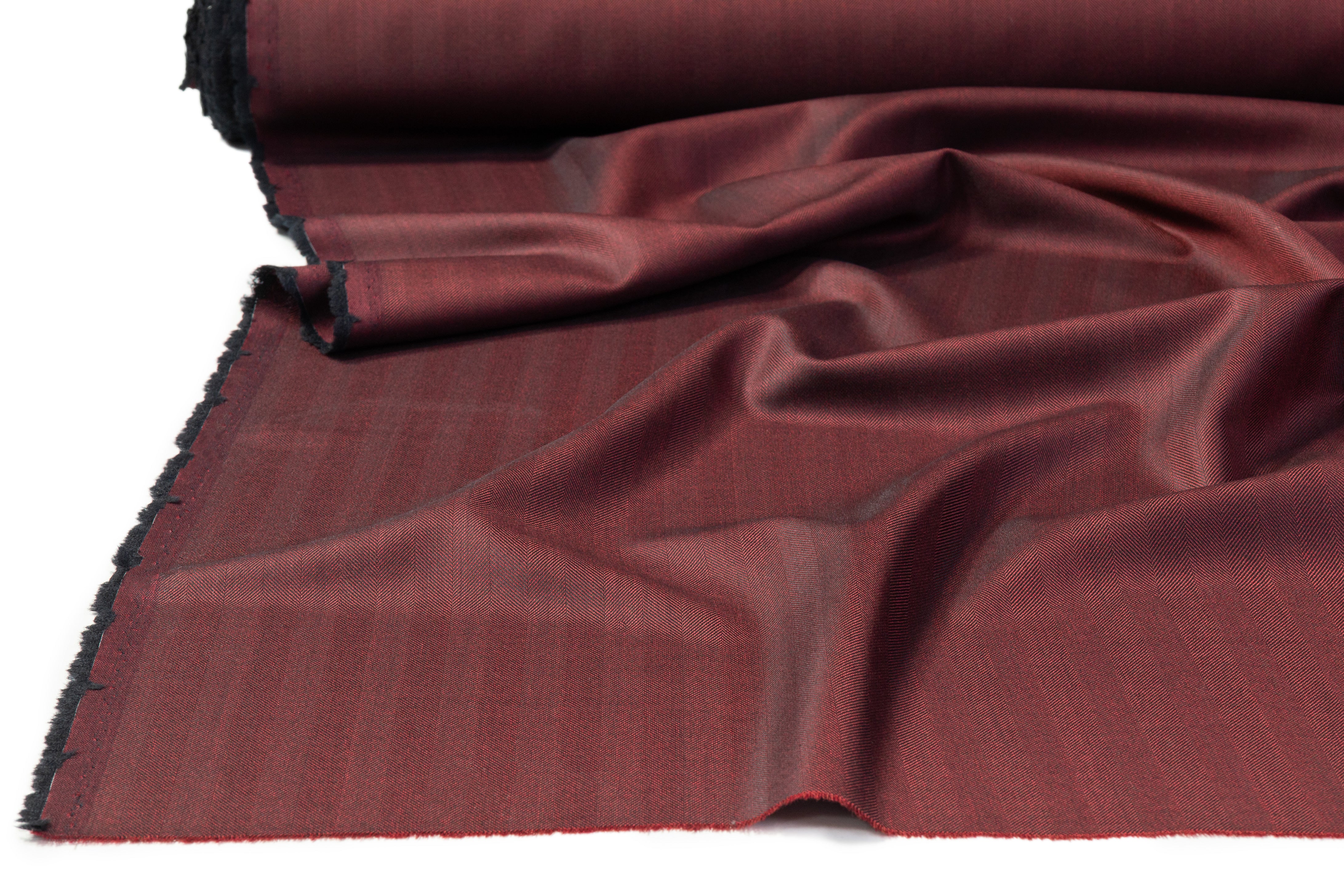 Iridescent Italian Herringbone Wool Suiting - Burgundy / Black