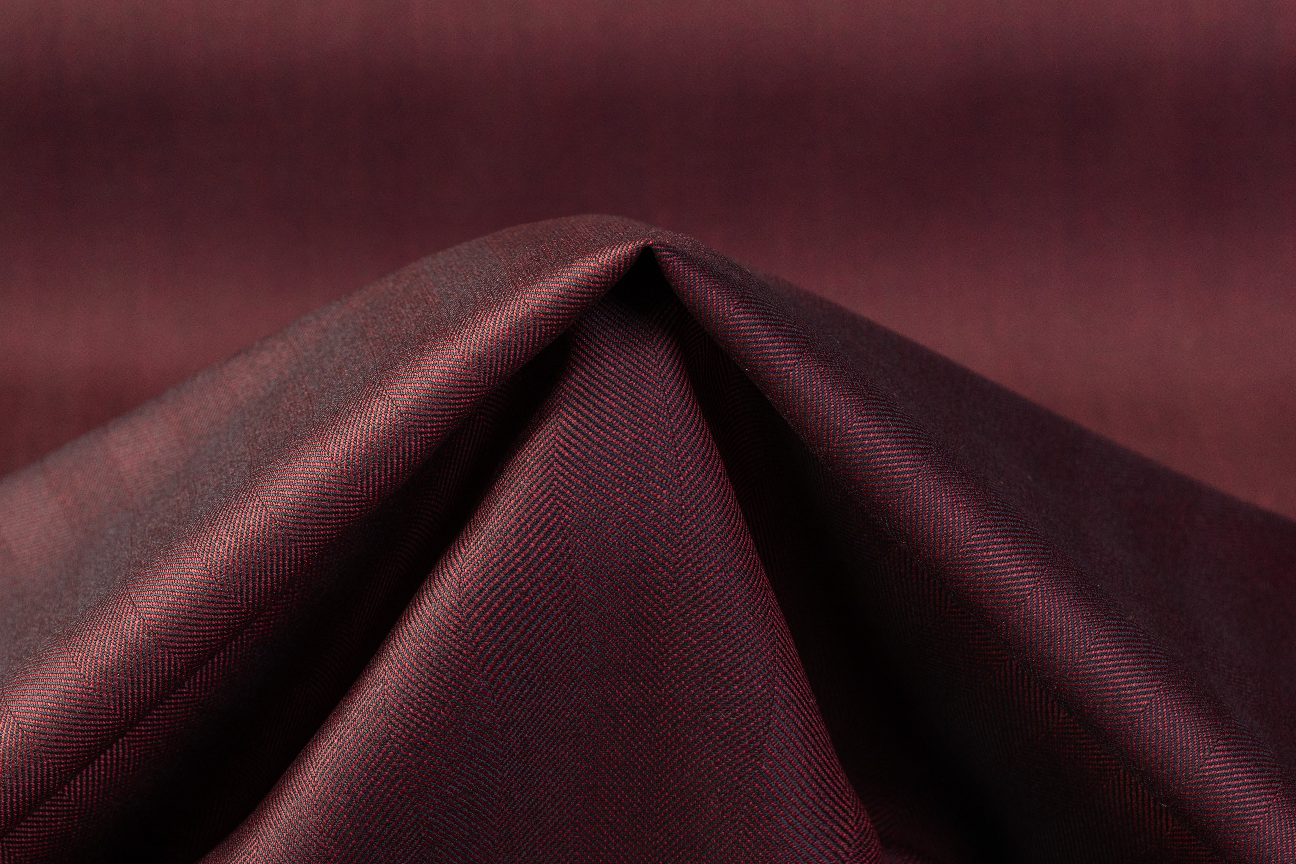 Iridescent Italian Herringbone Wool Suiting - Burgundy / Black