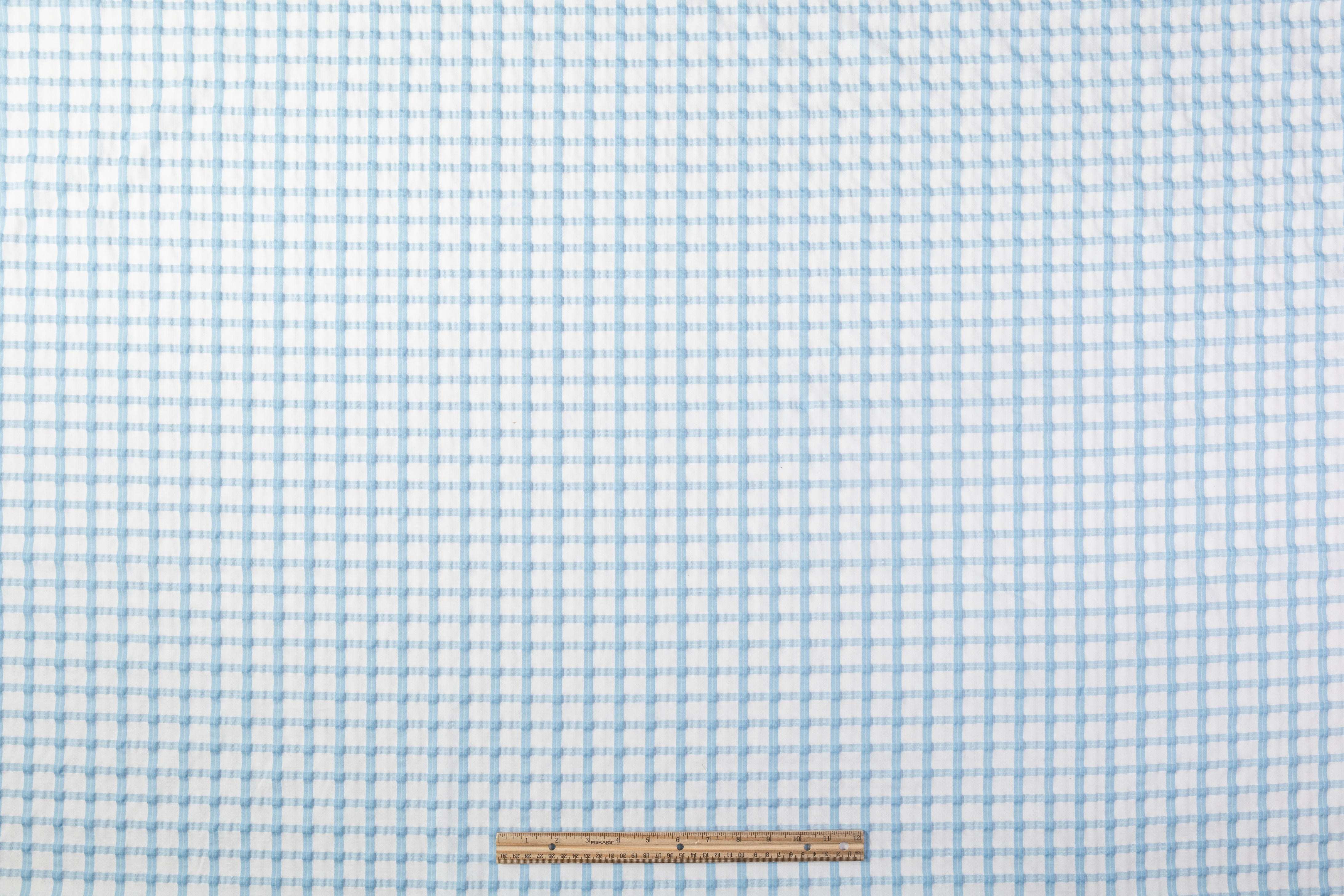 Checked Poly Cotton Seersucker - Blue / White