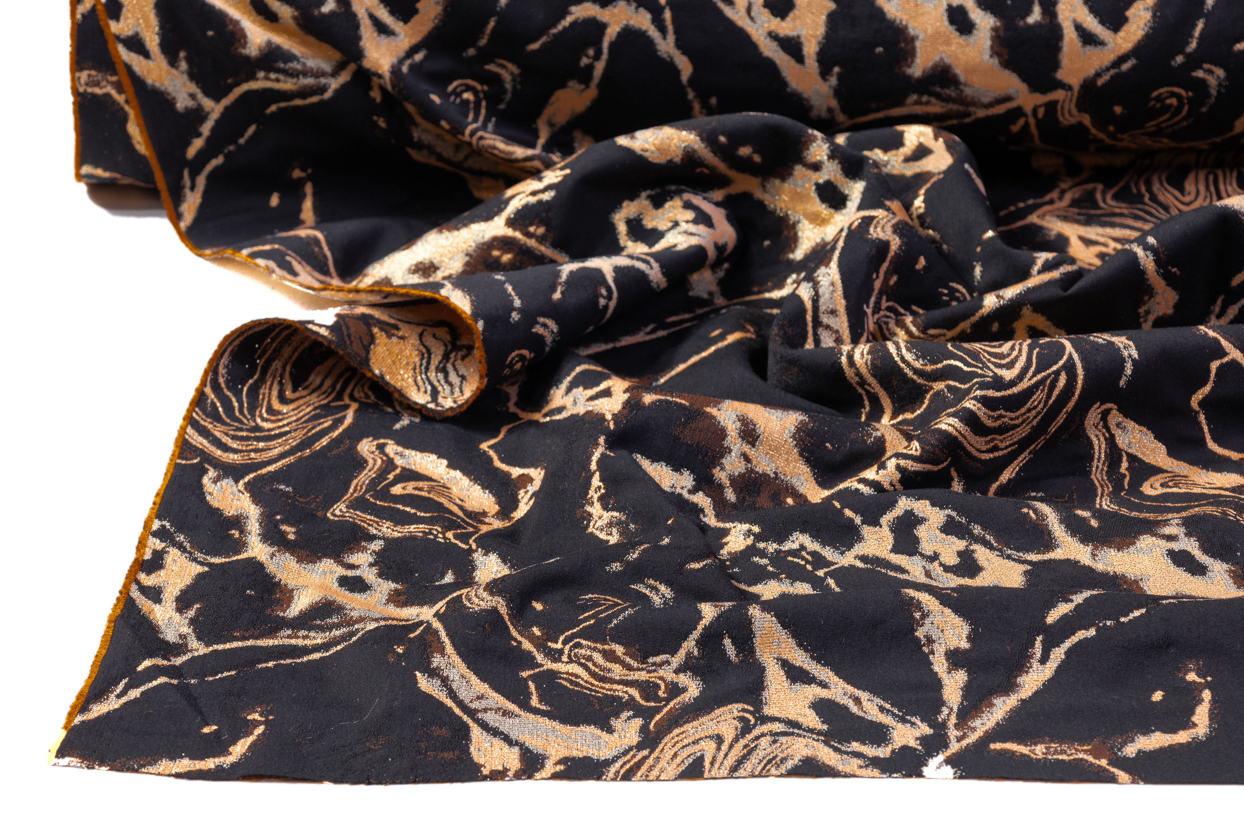Abstract Metallic Italian Cotton Blend Brocade - Black / Peach