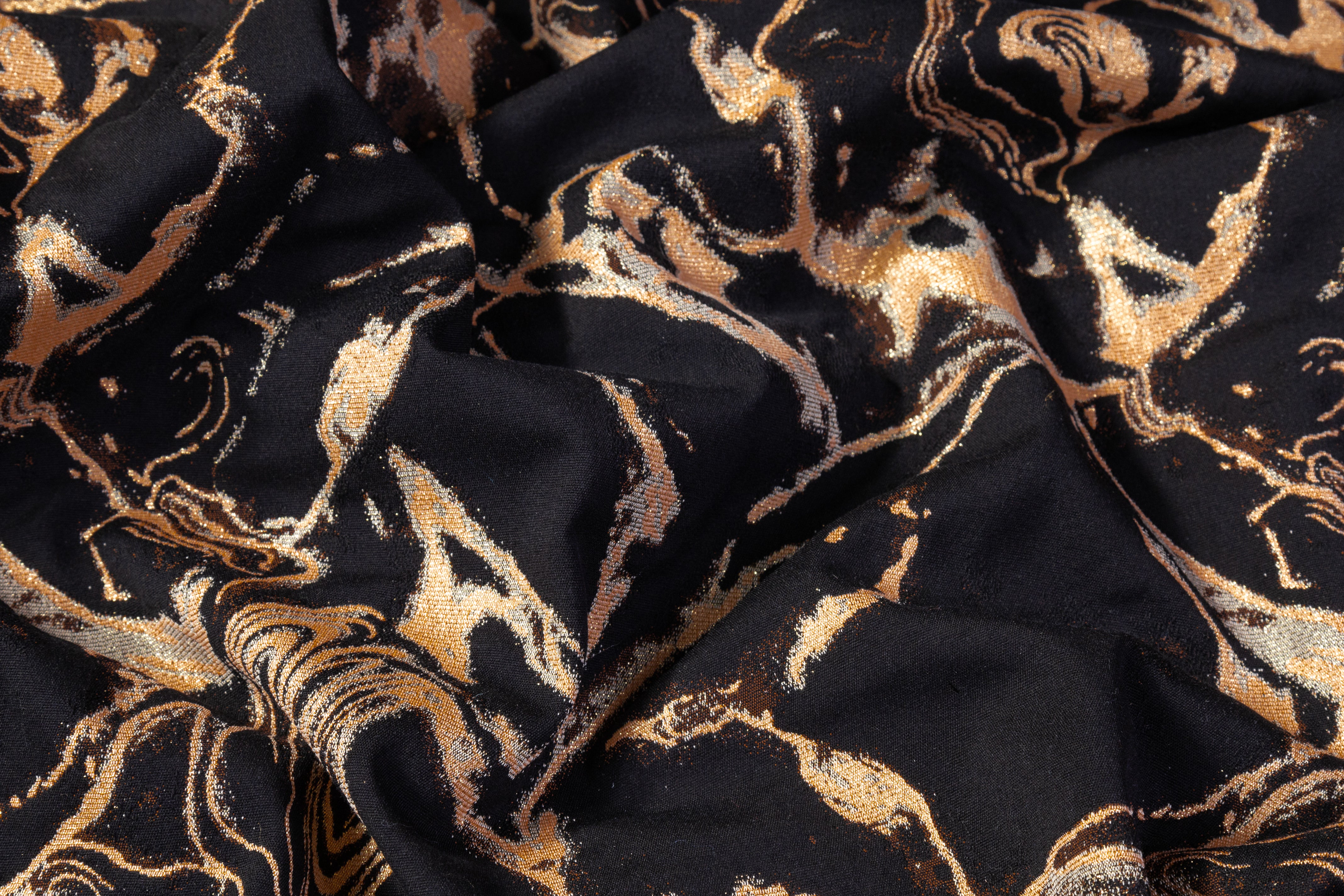 Abstract Metallic Italian Cotton Blend Brocade - Black / Peach