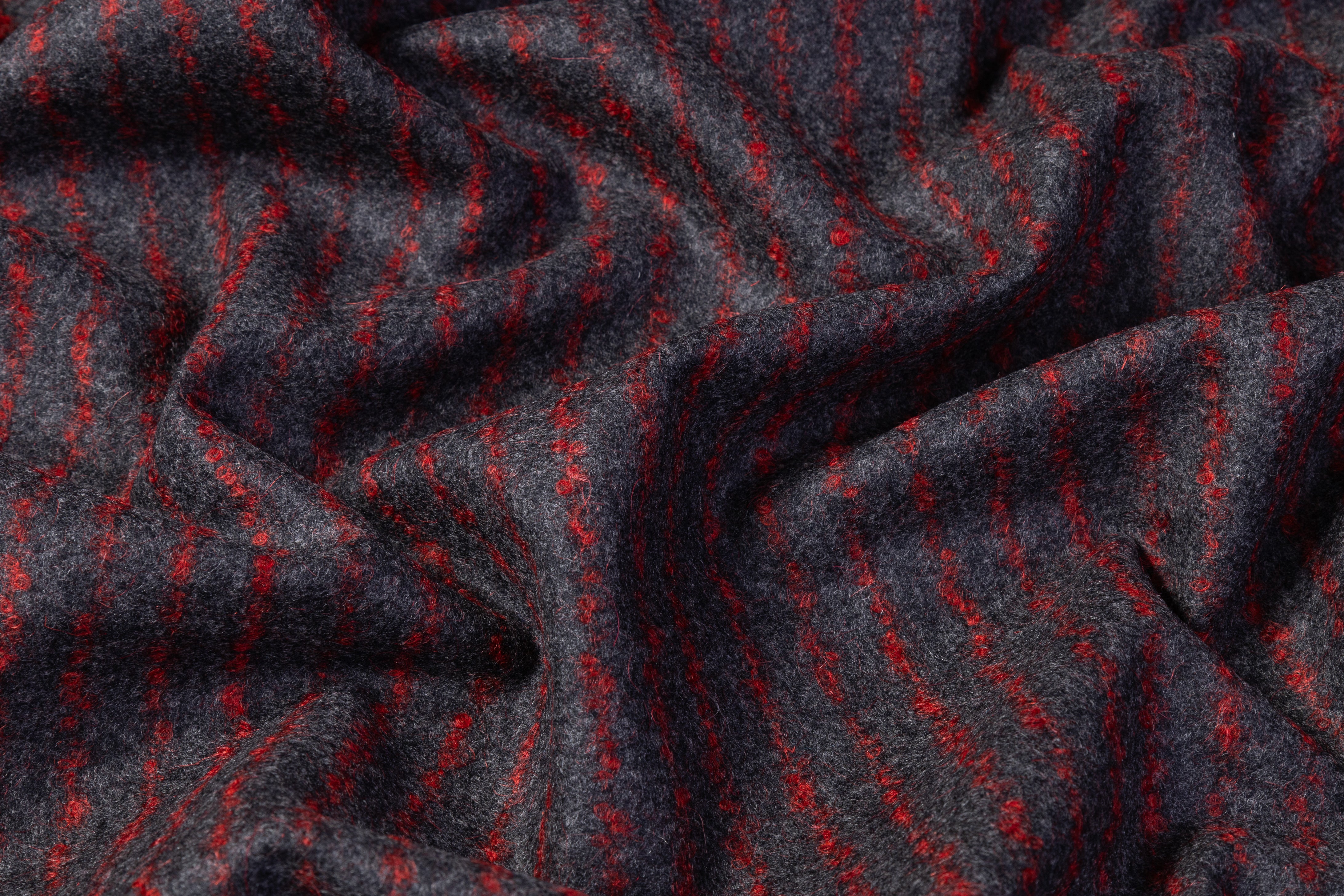 Vitale Barberis Canonico - Boucle Striped Italian Wool Flannel - Charcoal Gray / Red