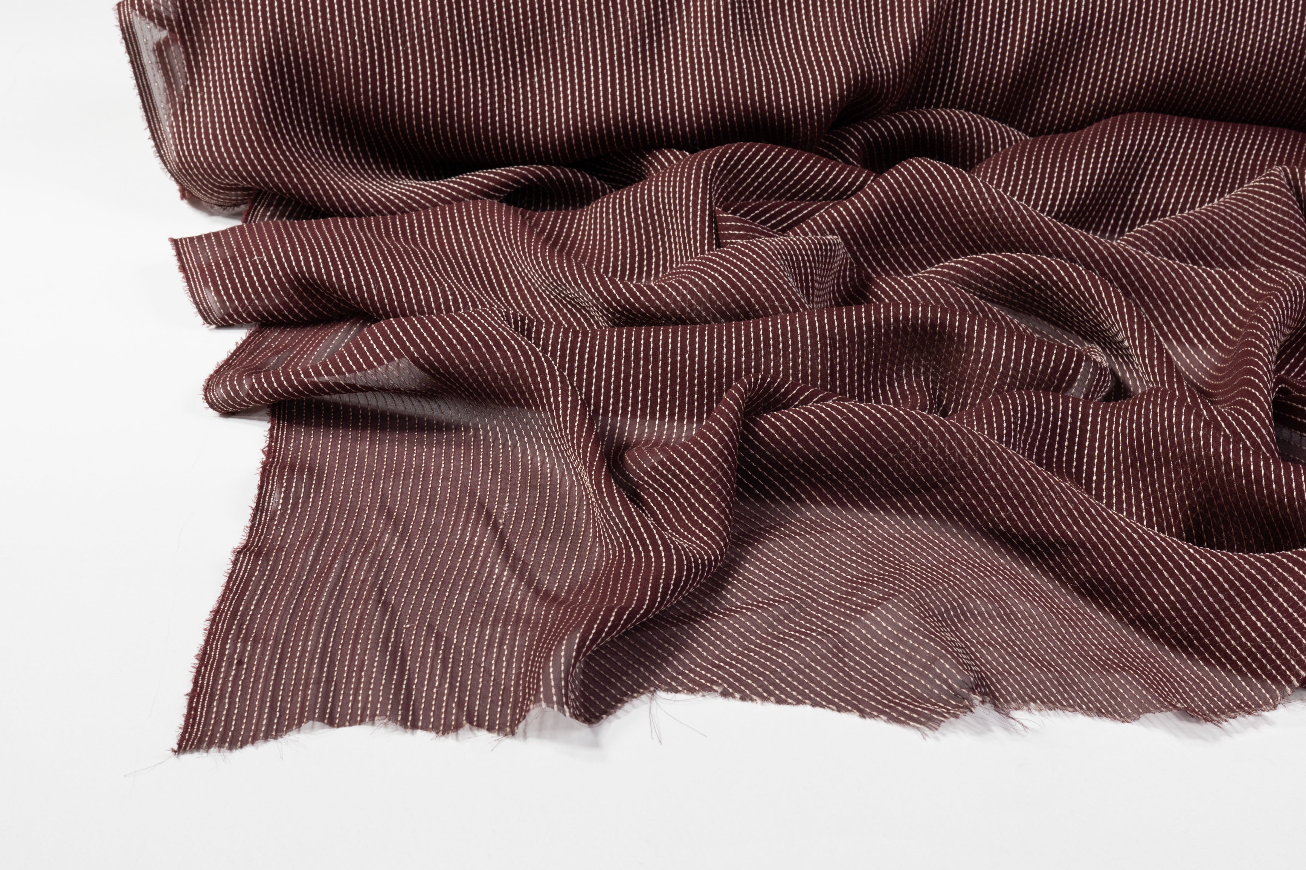 Striped Embroidered Silk Chiffon - Burgundy