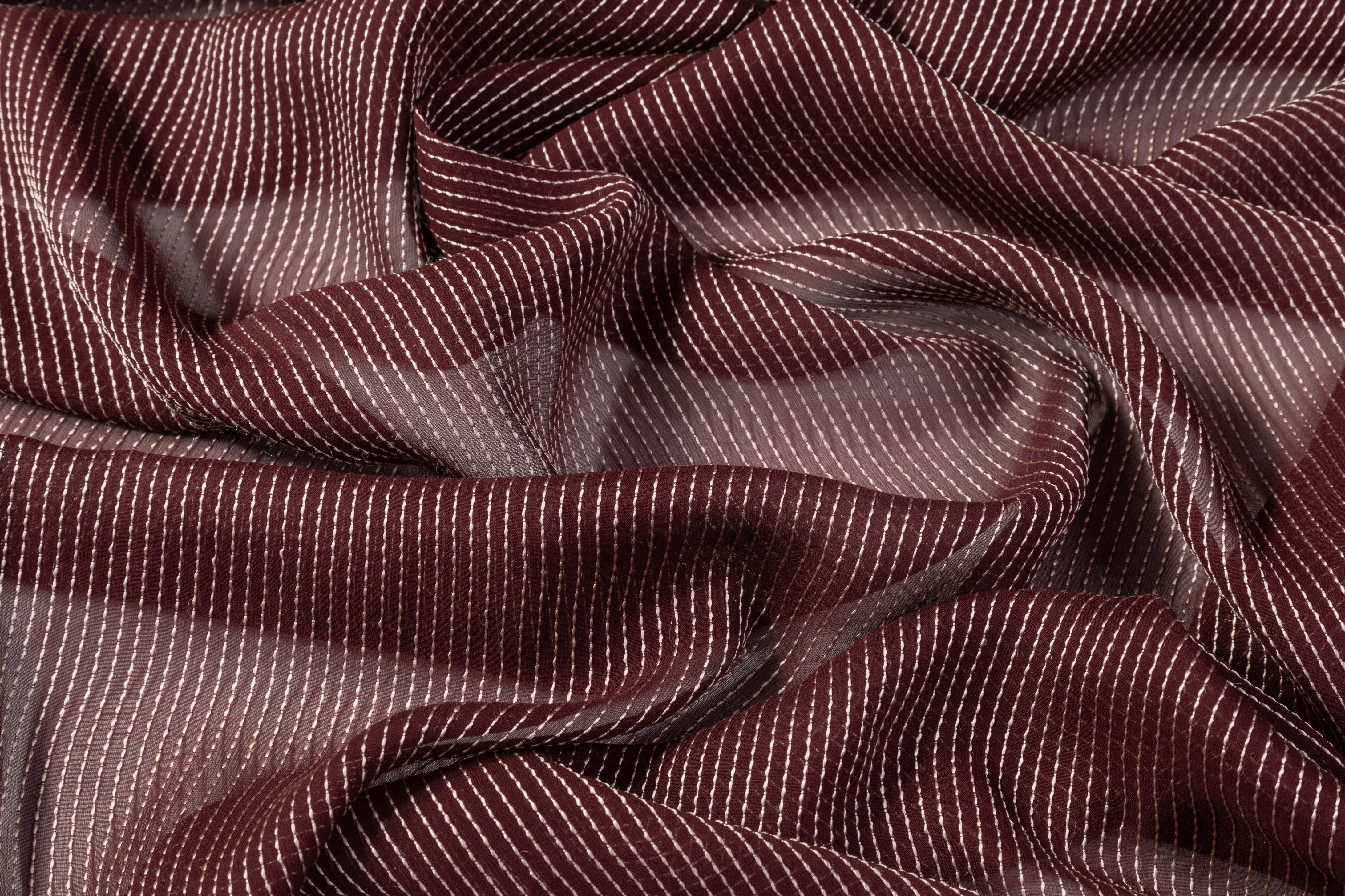 Striped Embroidered Silk Chiffon - Burgundy