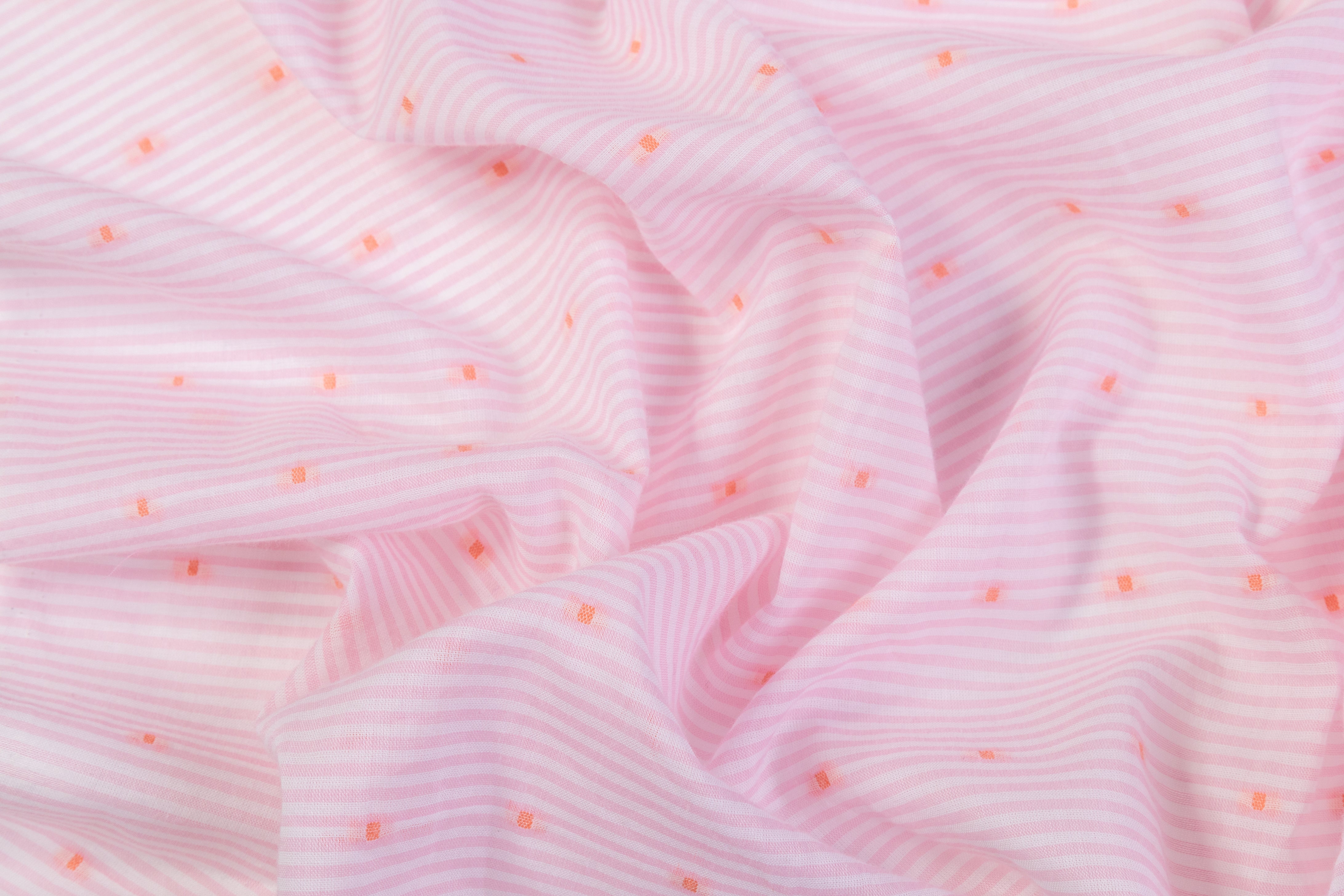 Striped and Embroidered Cotton Shirting - Pink / Peach