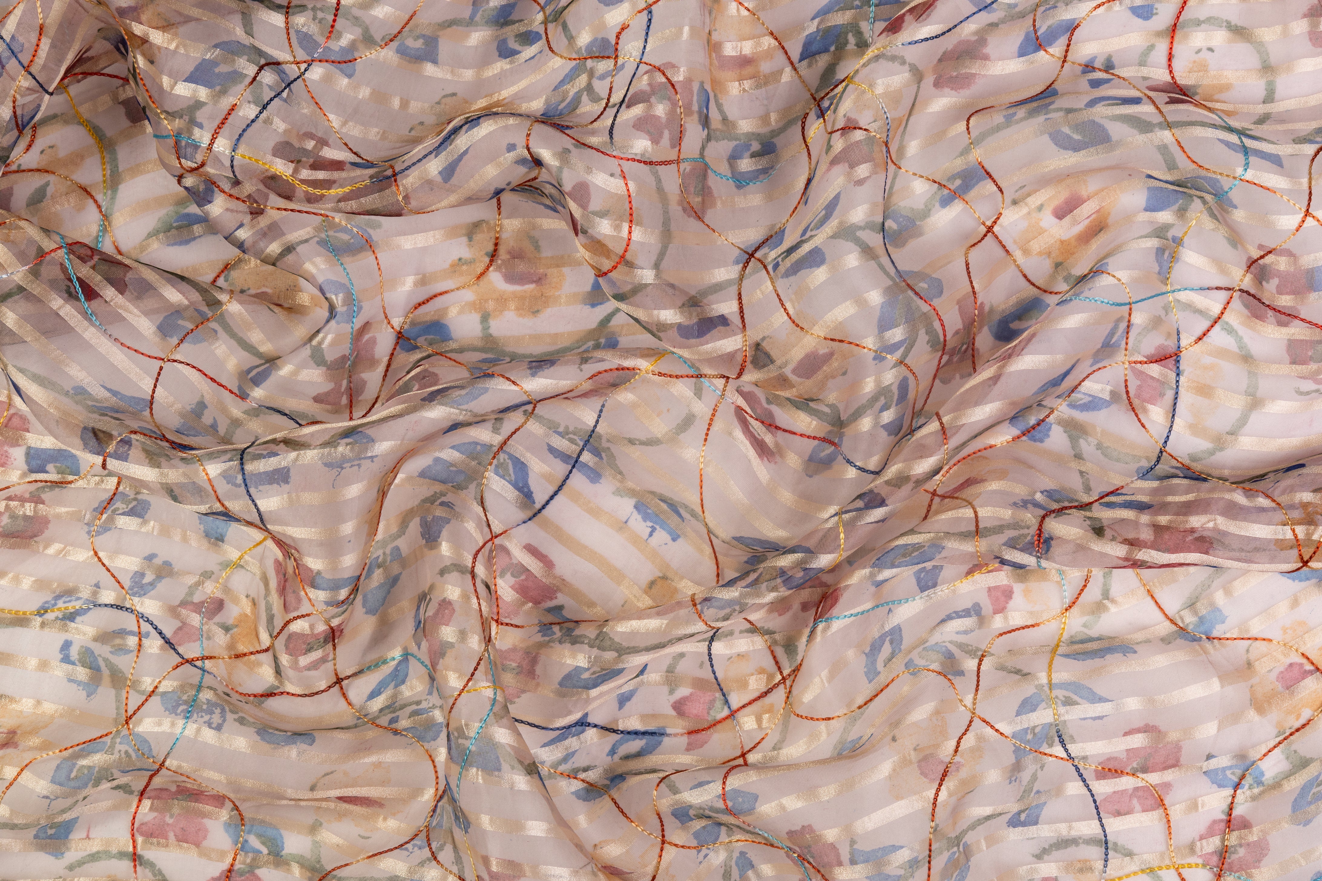 Embroidered and Printed Silk Organza - Beige / Multicolor