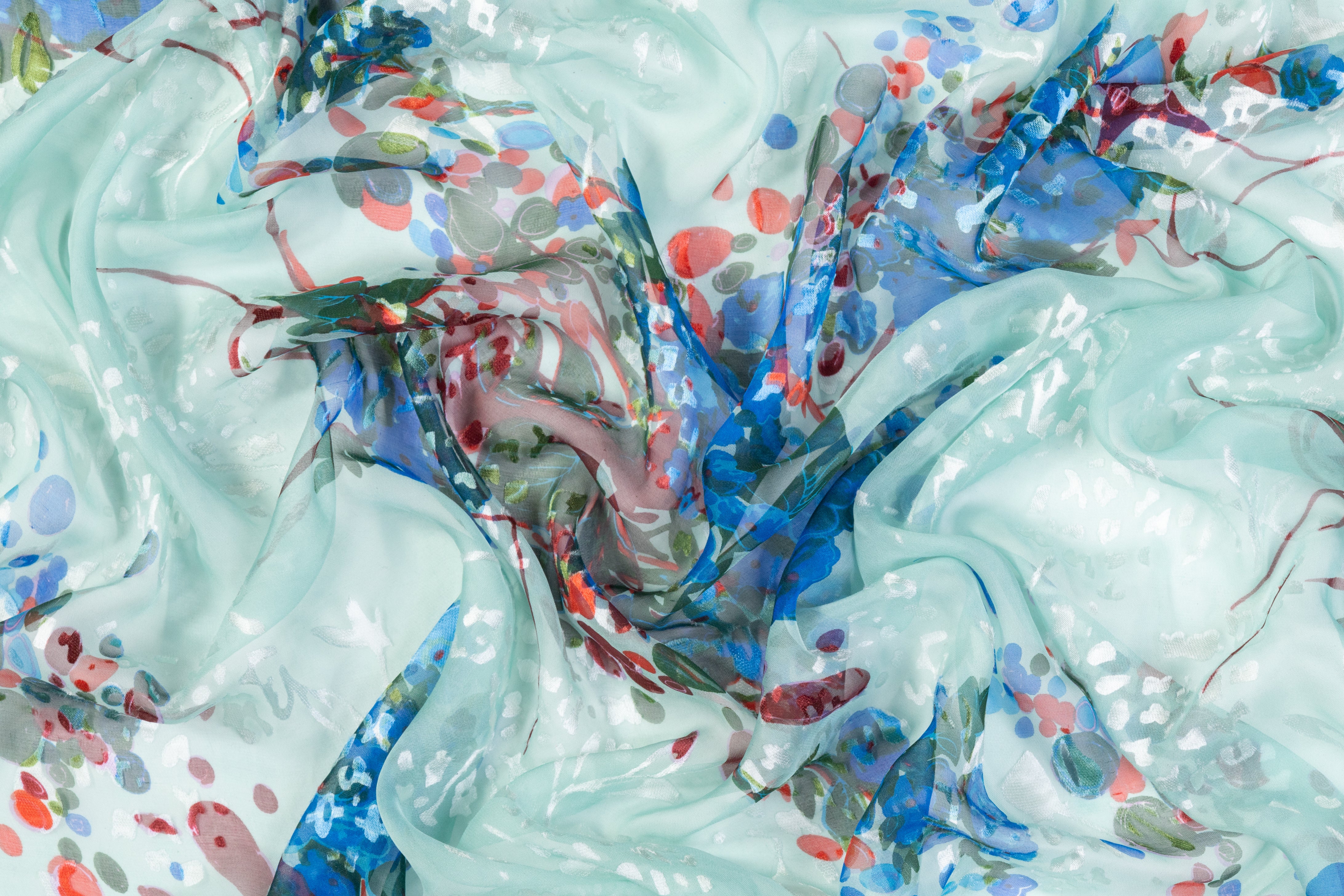 Floral Silk Chiffon Burnout - Blue / Green / Red