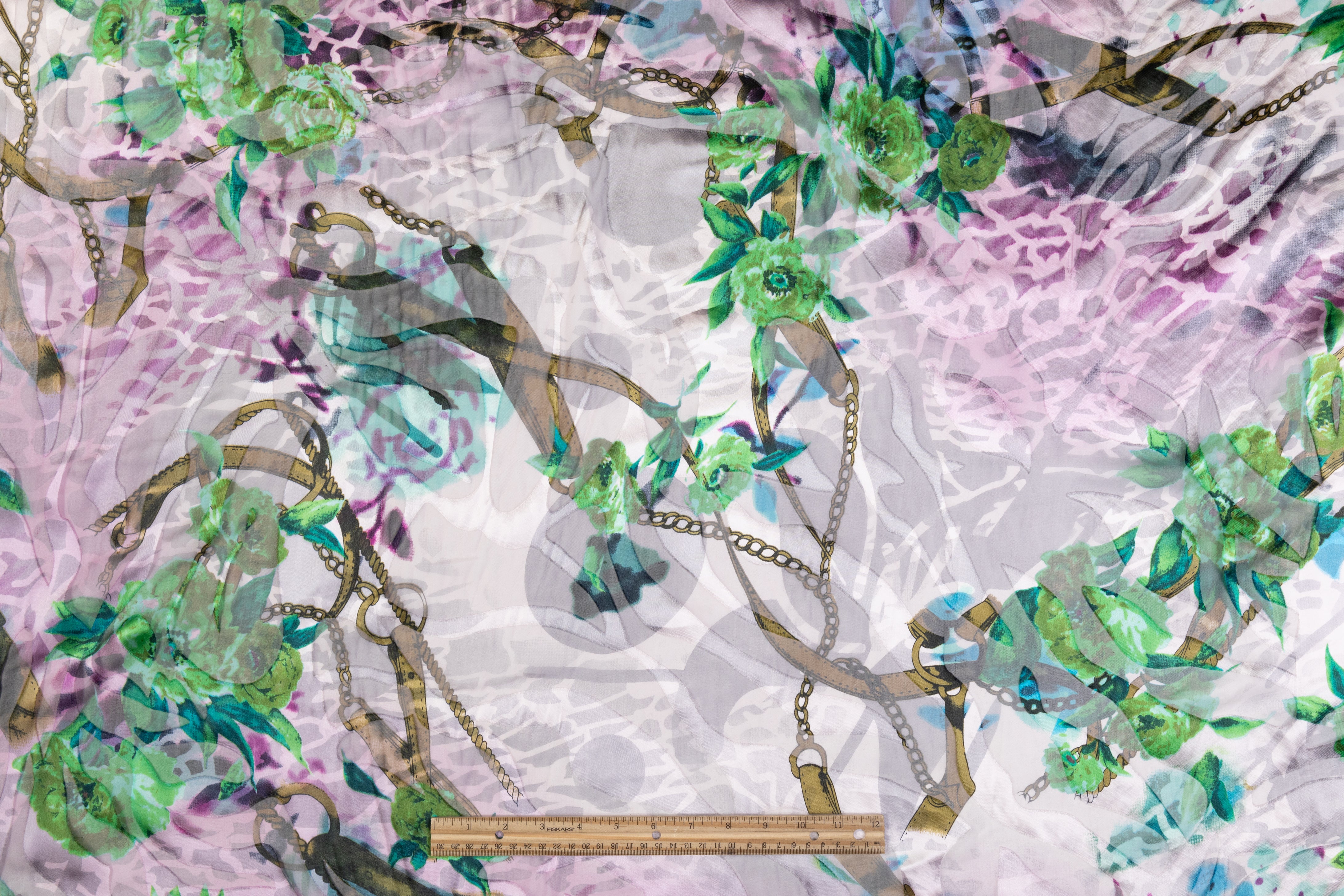 Printed Silk Chiffon Burnout - Purple / Green / Brown