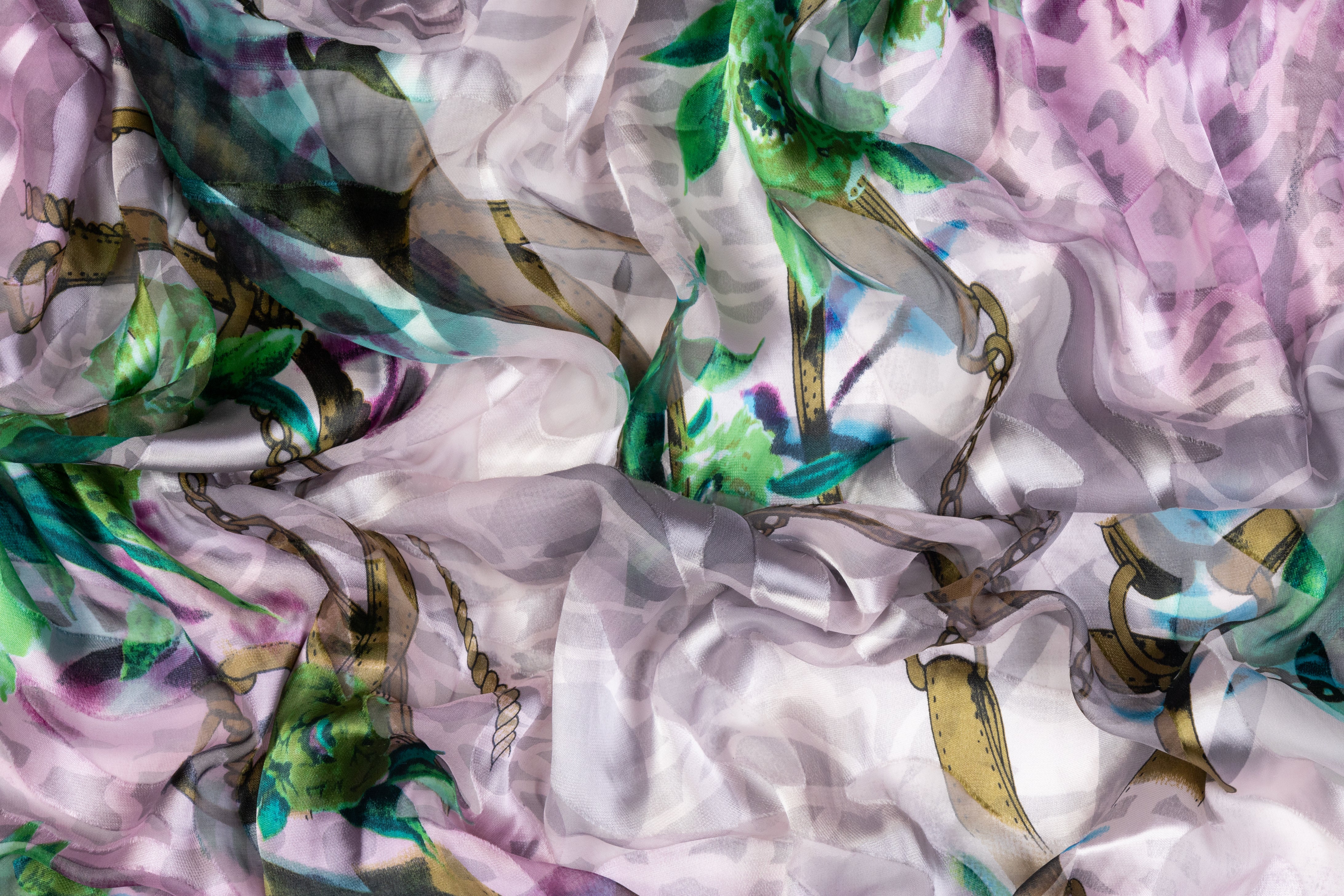Printed Silk Chiffon Burnout - Purple / Green / Brown