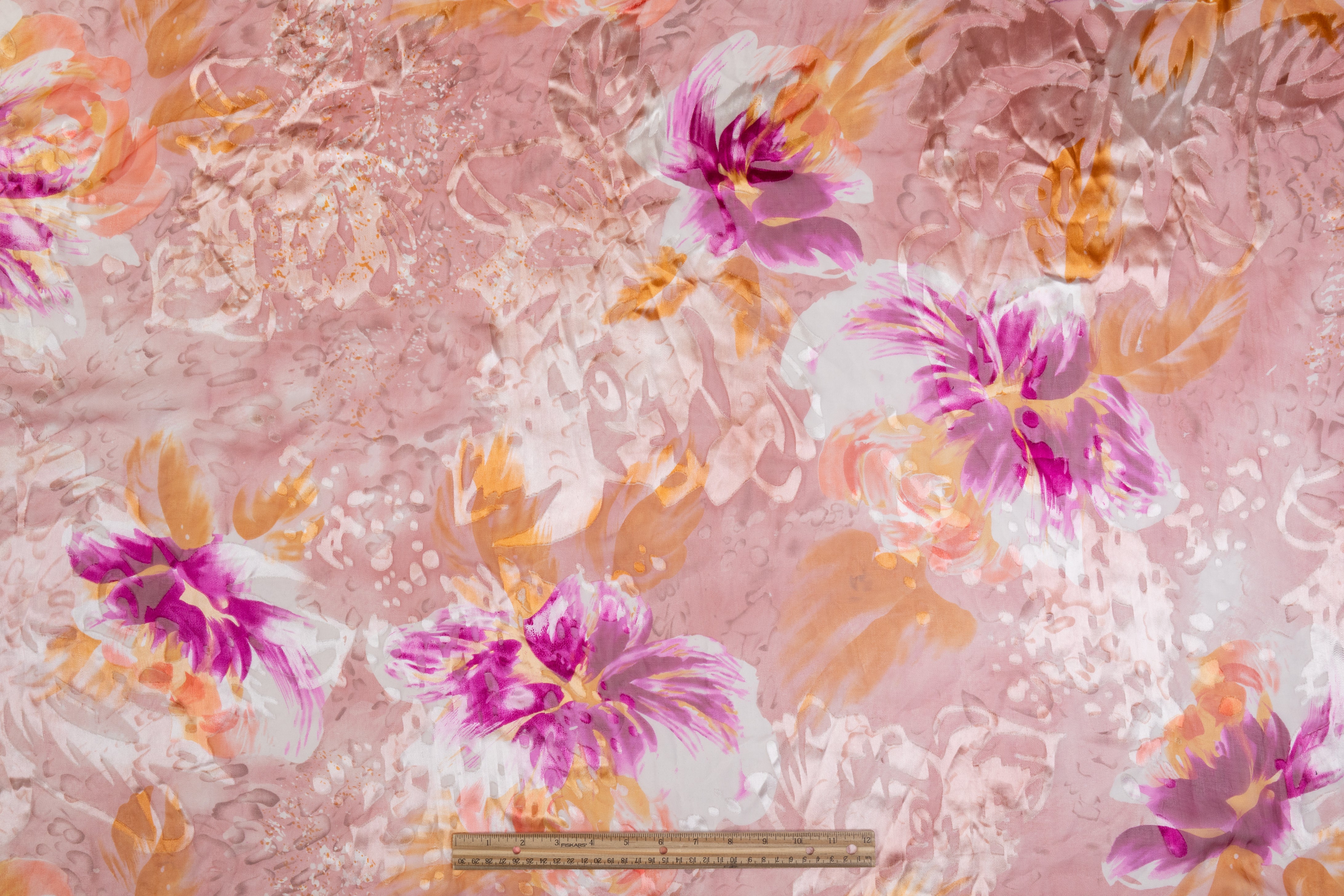 Printed Silk Chiffon Burnout - Peach / Fuchsia