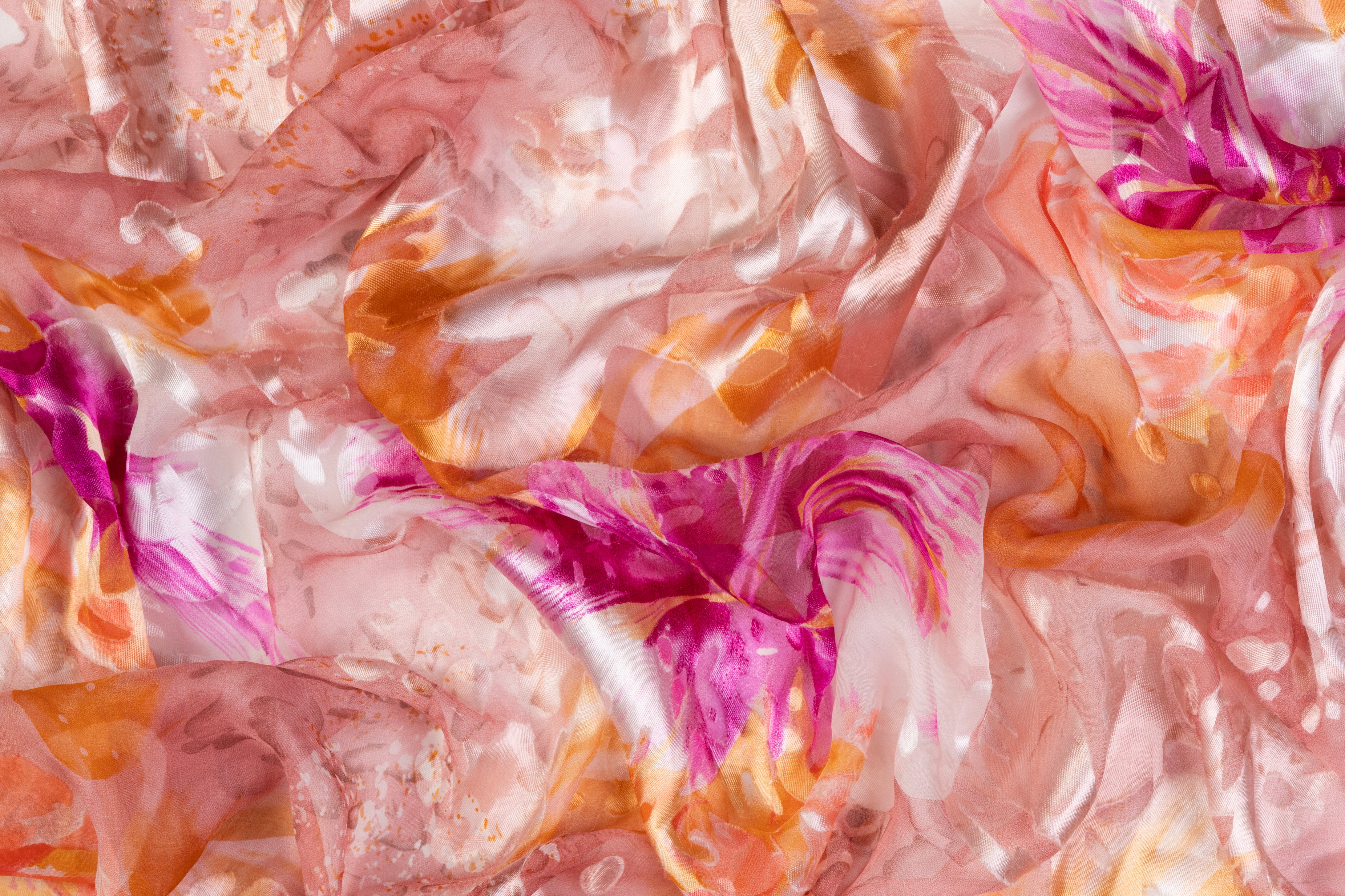 Printed Silk Chiffon Burnout - Peach / Fuchsia