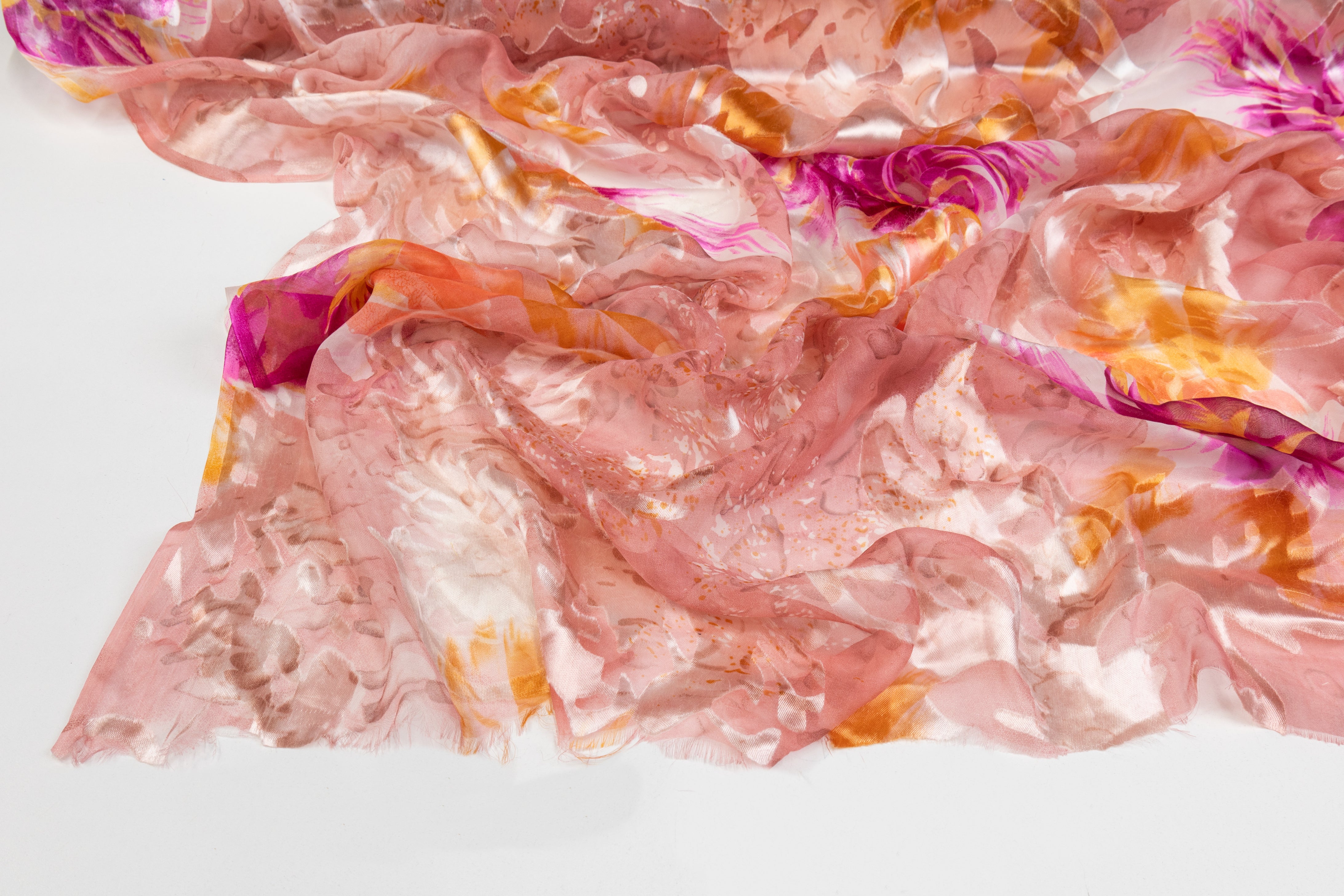 Printed Silk Chiffon Burnout - Peach / Fuchsia