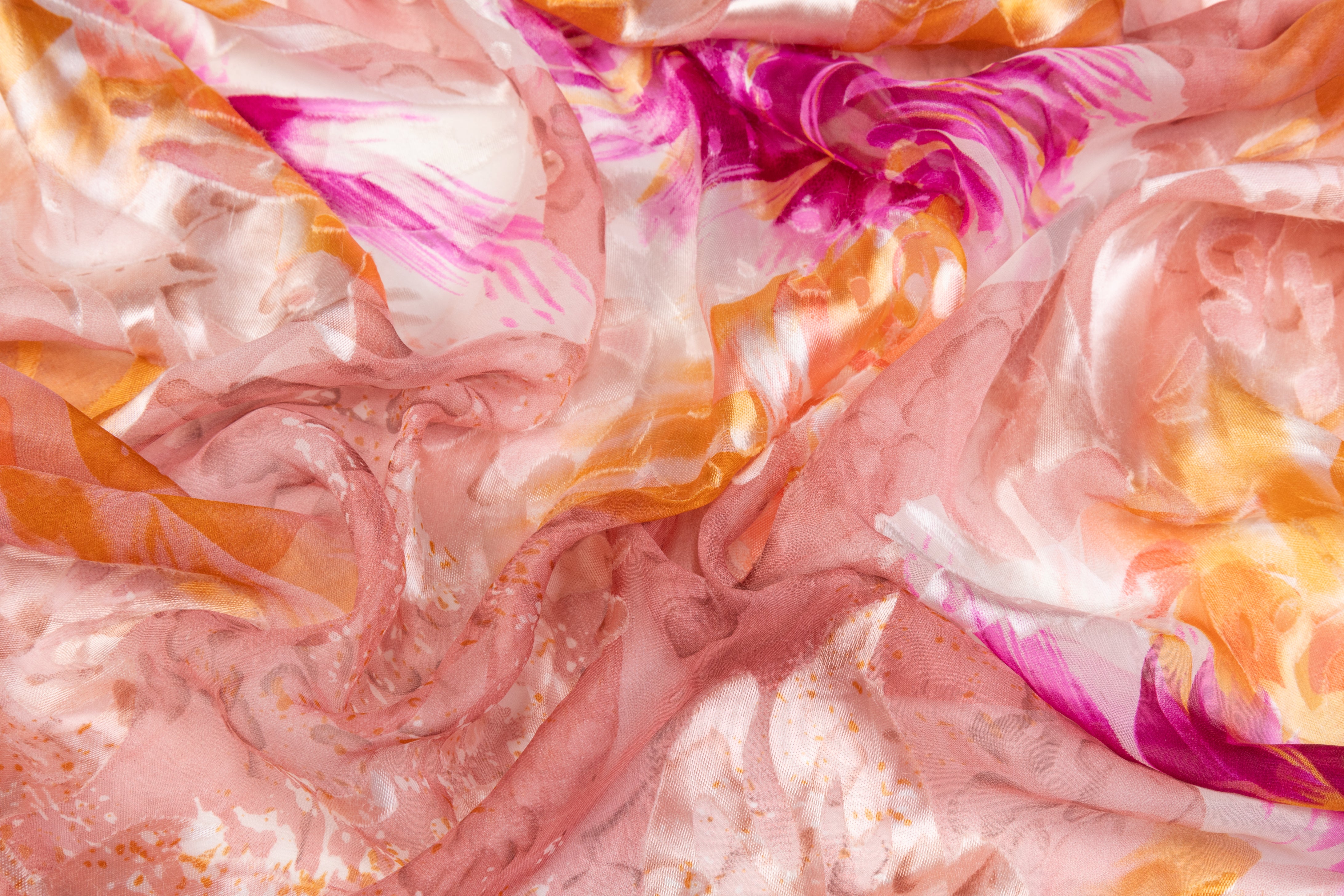 Printed Silk Chiffon Burnout - Peach / Fuchsia