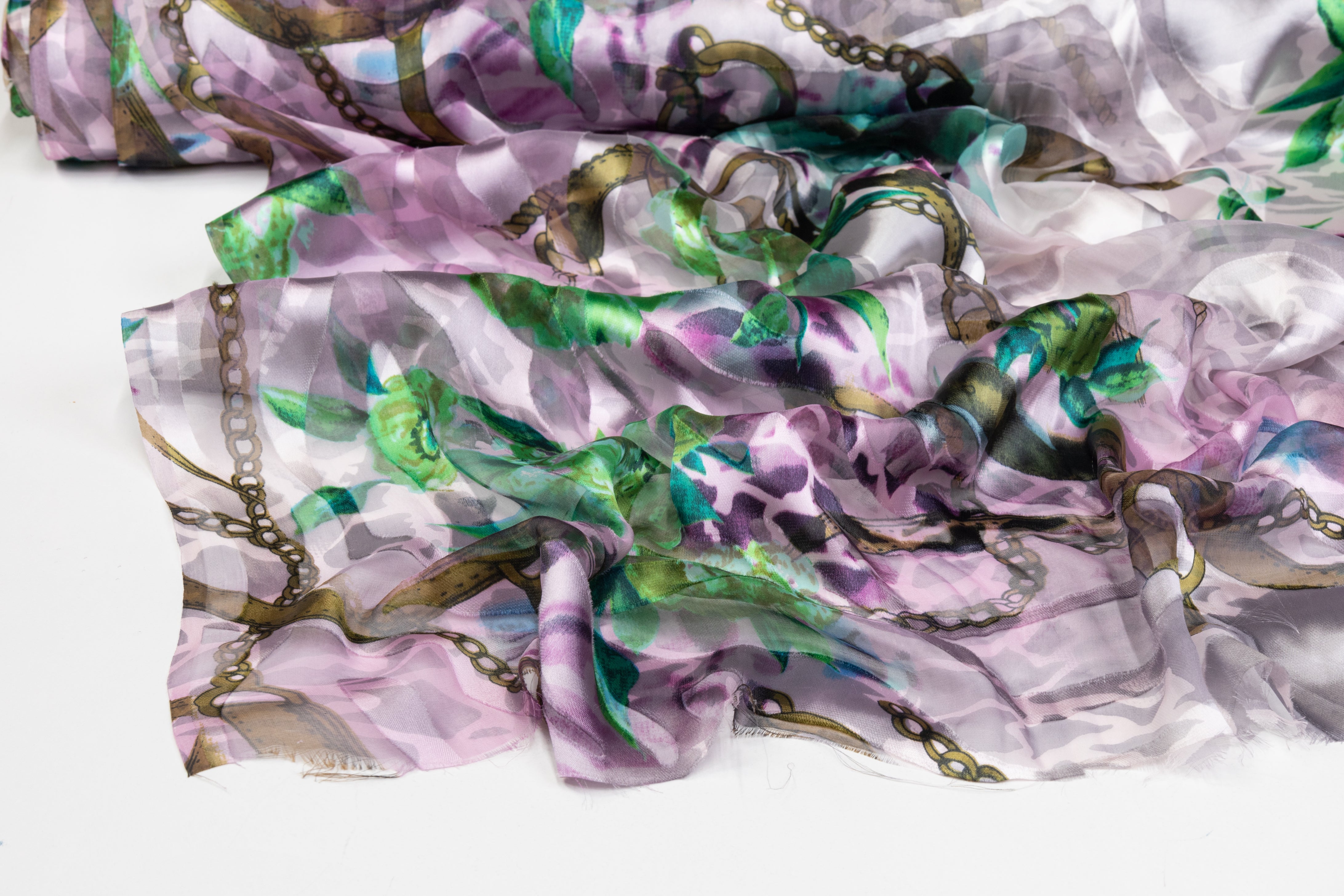 Printed Silk Chiffon Burnout - Purple / Green / Brown