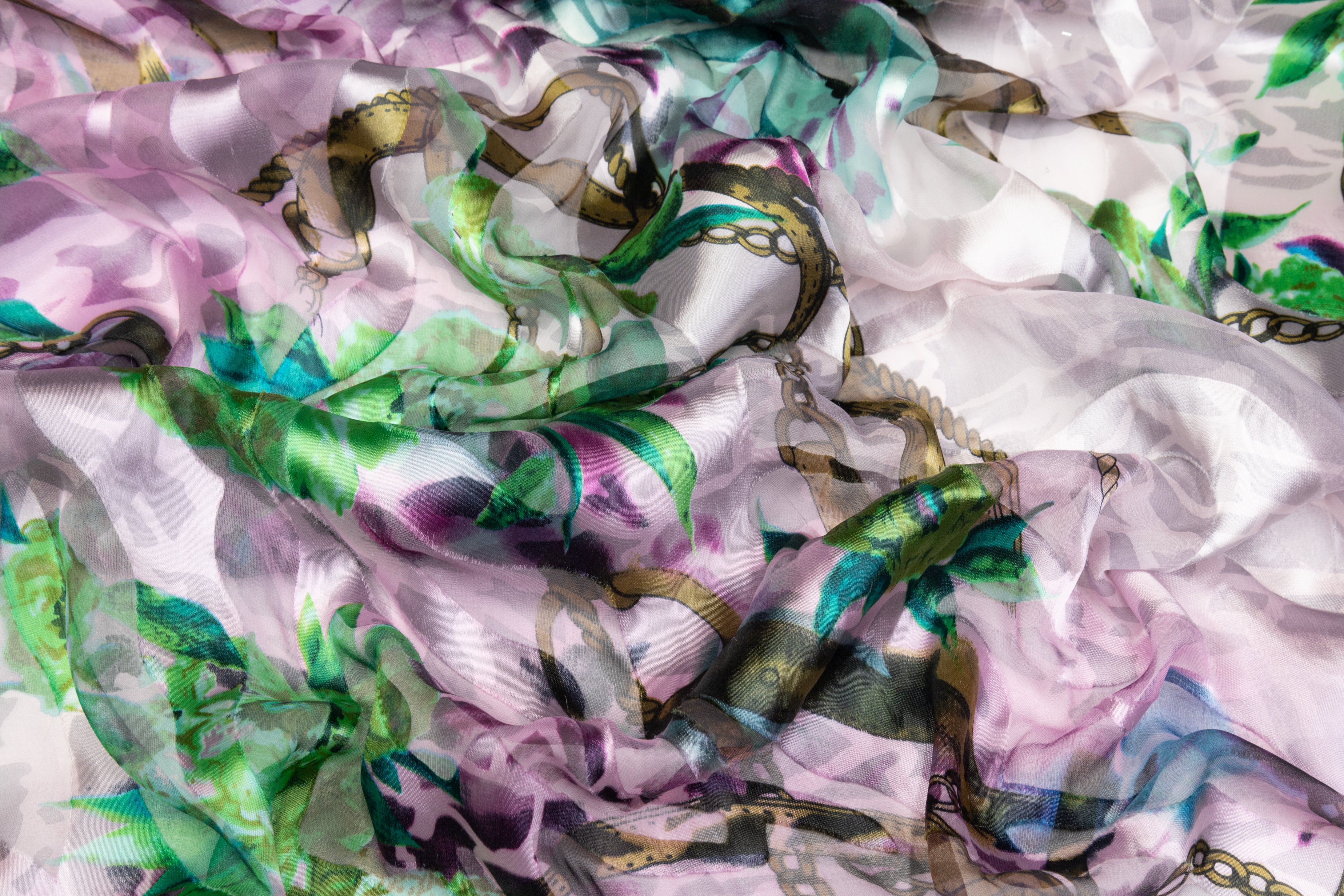 Printed Silk Chiffon Burnout - Purple / Green / Brown