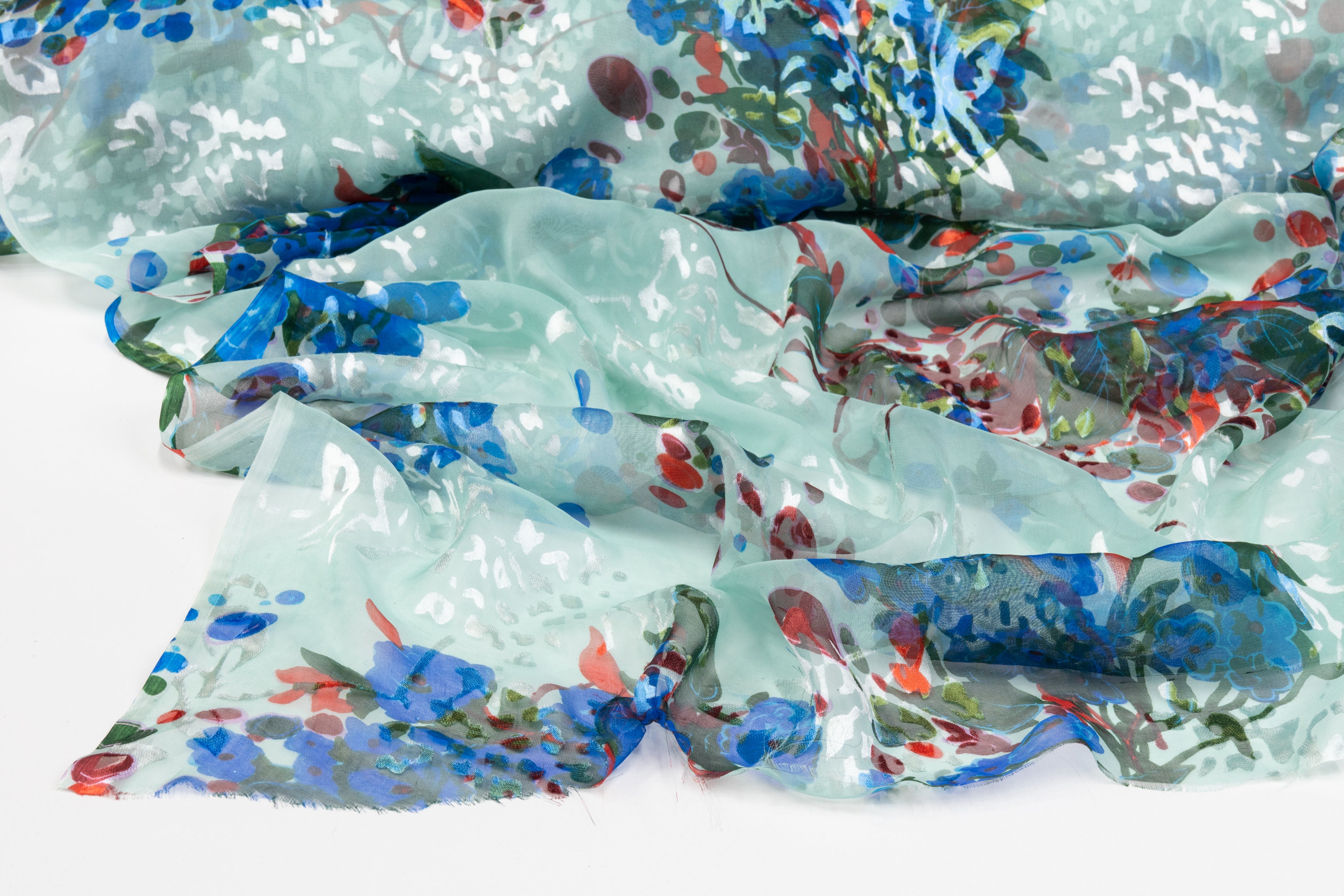 Floral Silk Chiffon Burnout - Blue / Green / Red