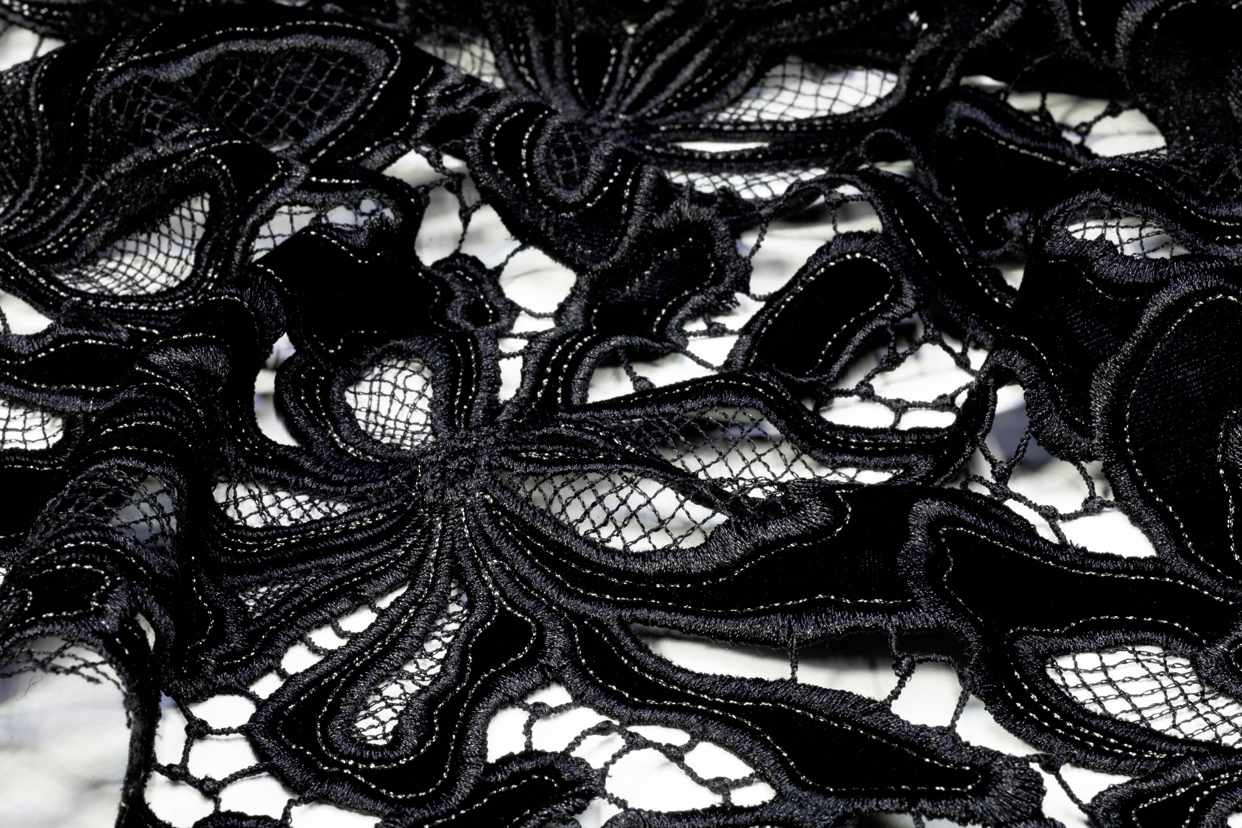 Floral Italian Stretch Velvet Guipure Lace - Black