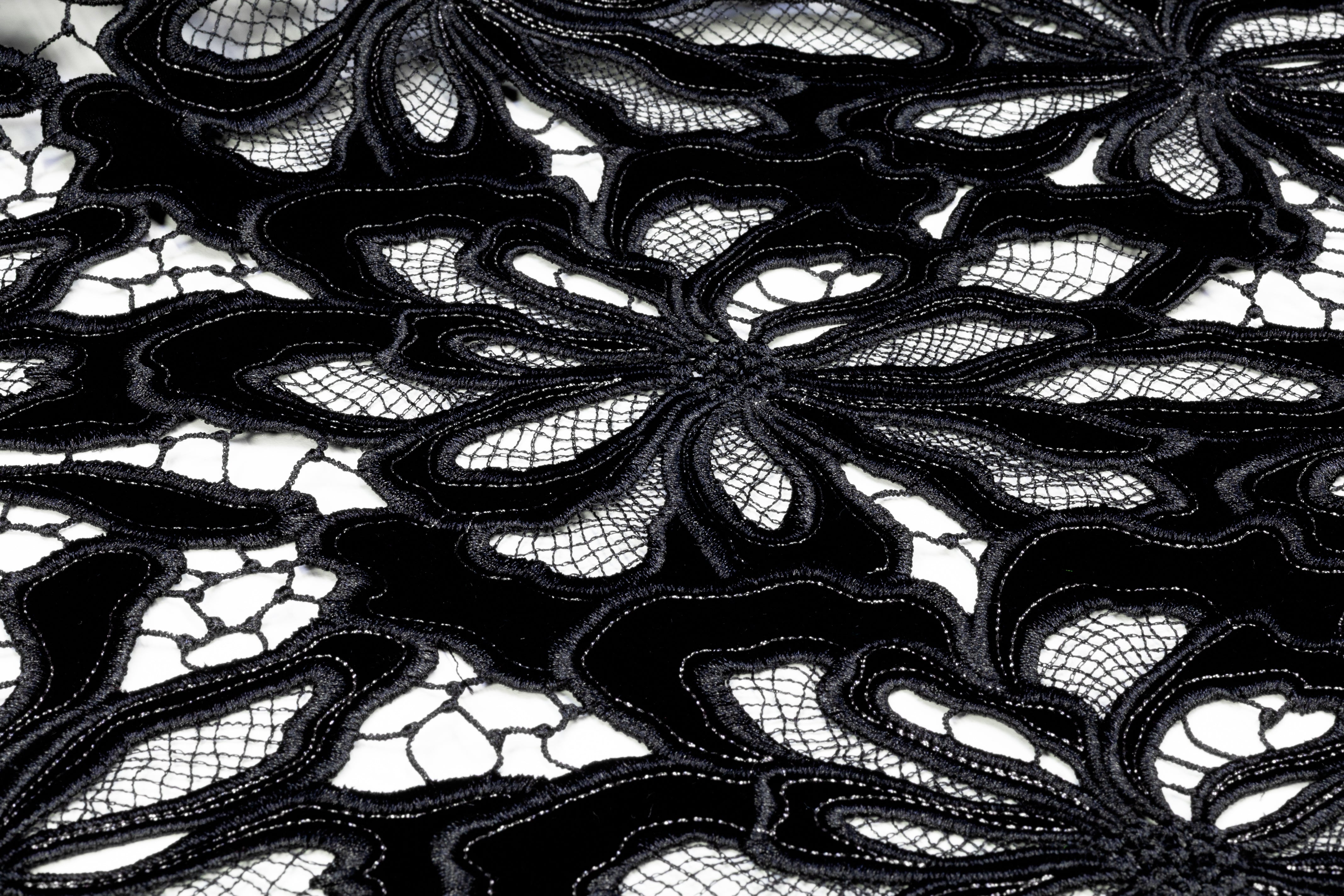 Floral Italian Stretch Velvet Guipure Lace - Black