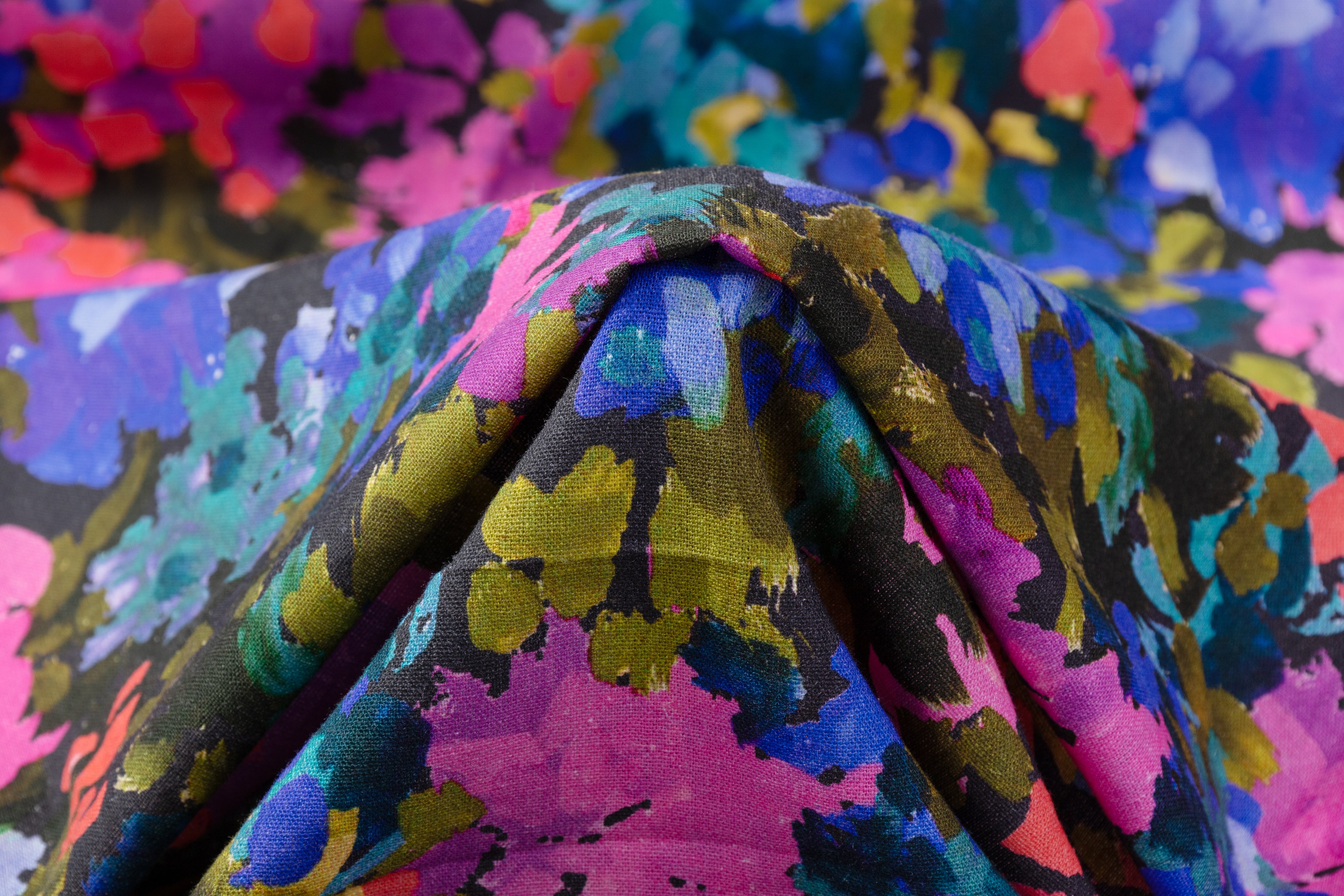 Splatter Print Italian Viscose Linen Blend - Magenta / Purple / Teal / Green