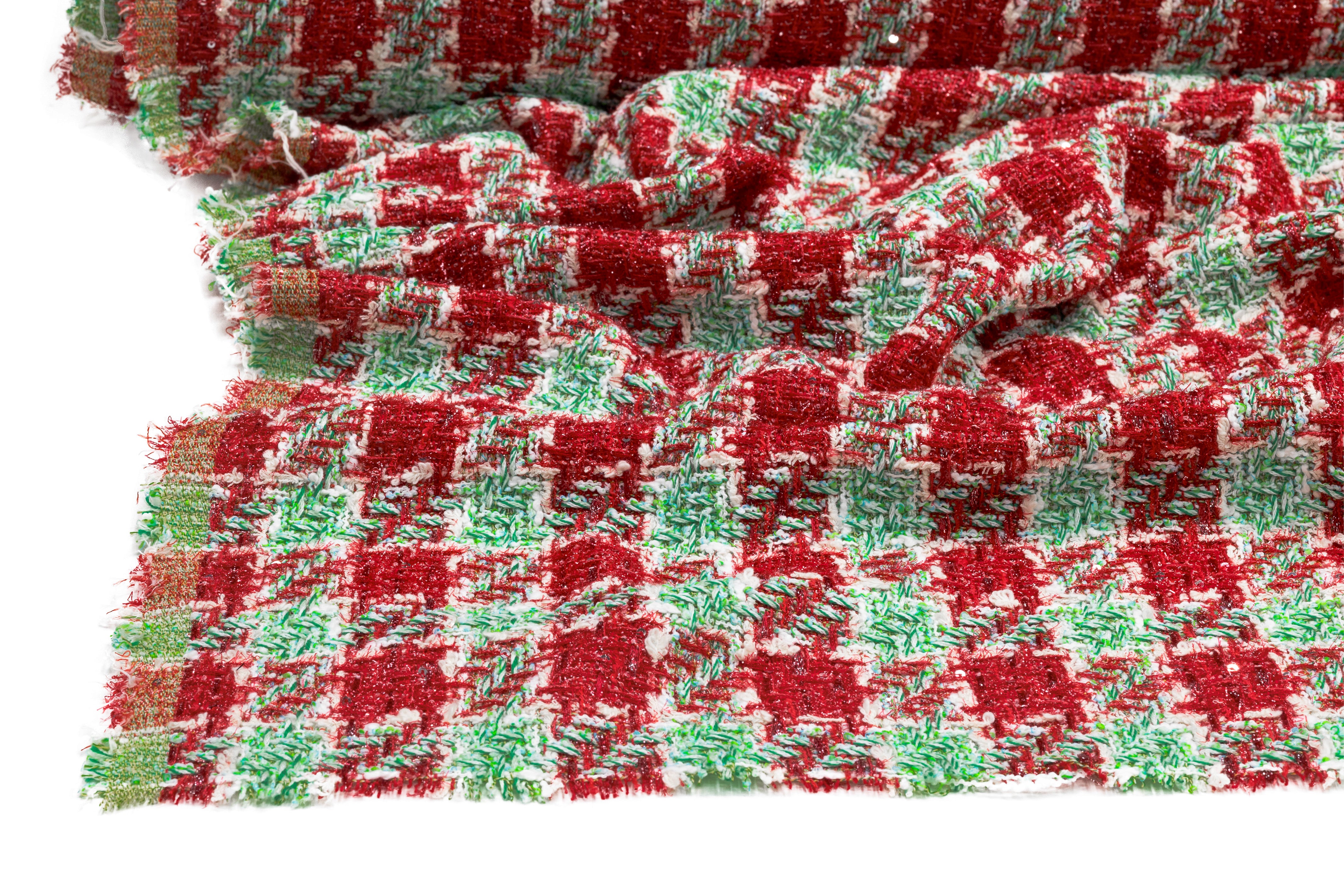 Metallic Houndstooth Italian Tweed - Red / White / Green